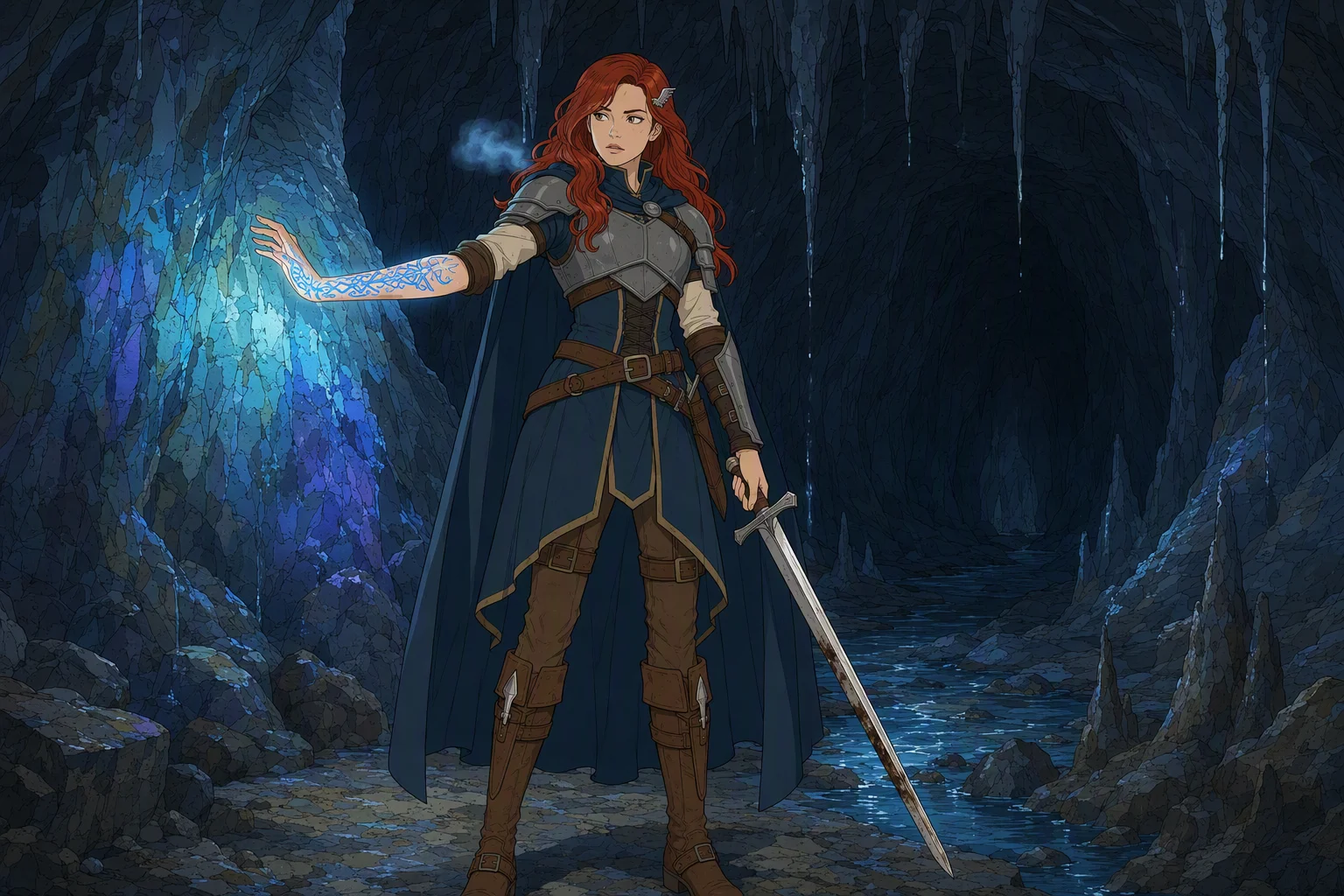 In a cold, dripping cave, Alias stands alone after exposing her branded arm to illuminate the darkness. The mystical sigils cast jewel-like color across the wet stone, while her breath forms luminous blue wisps in the frigid air. The time of day and outside weather are hidden by the cavern; the arresting feature is Alias shining like a solitary beacon underground.