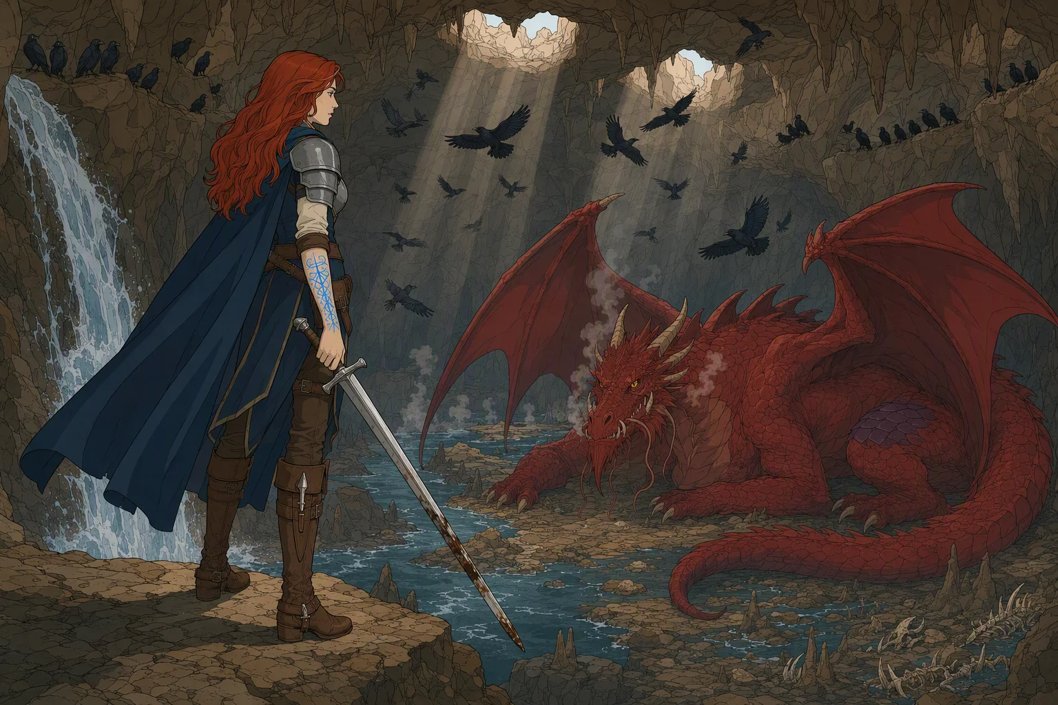 Alias steps from the cramped tunnel onto a ledge above the dragon’s cavern as an underground stream plunges beside her into a pool. Daylight shafts enter through openings overhead, revealing ravens wheeling through rising air above Mist’s body while others crowd the ceiling crannies. The weather outside is not visible; the immense lair suddenly opening beneath Alias is the image’s dramatic revelation.