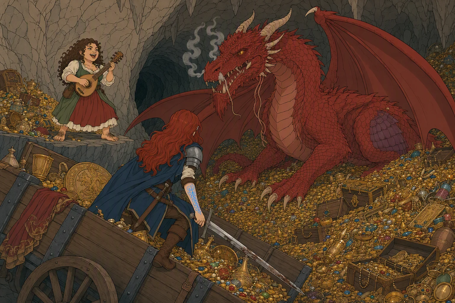 Inside Mist’s treasure-filled cavern, Olive Ruskettle stands on the high ledge beside the rear passage, strumming her yarting and singing defiantly at Mist. Mist has whipped around toward the bard, while Alias uses the distraction to climb a wagon heaped with treasure below. The cavern has no visible sky or weather and the time of day is indeterminate; the arresting feature is the tiny musician openly mocking a dragon while Alias escapes behind her.