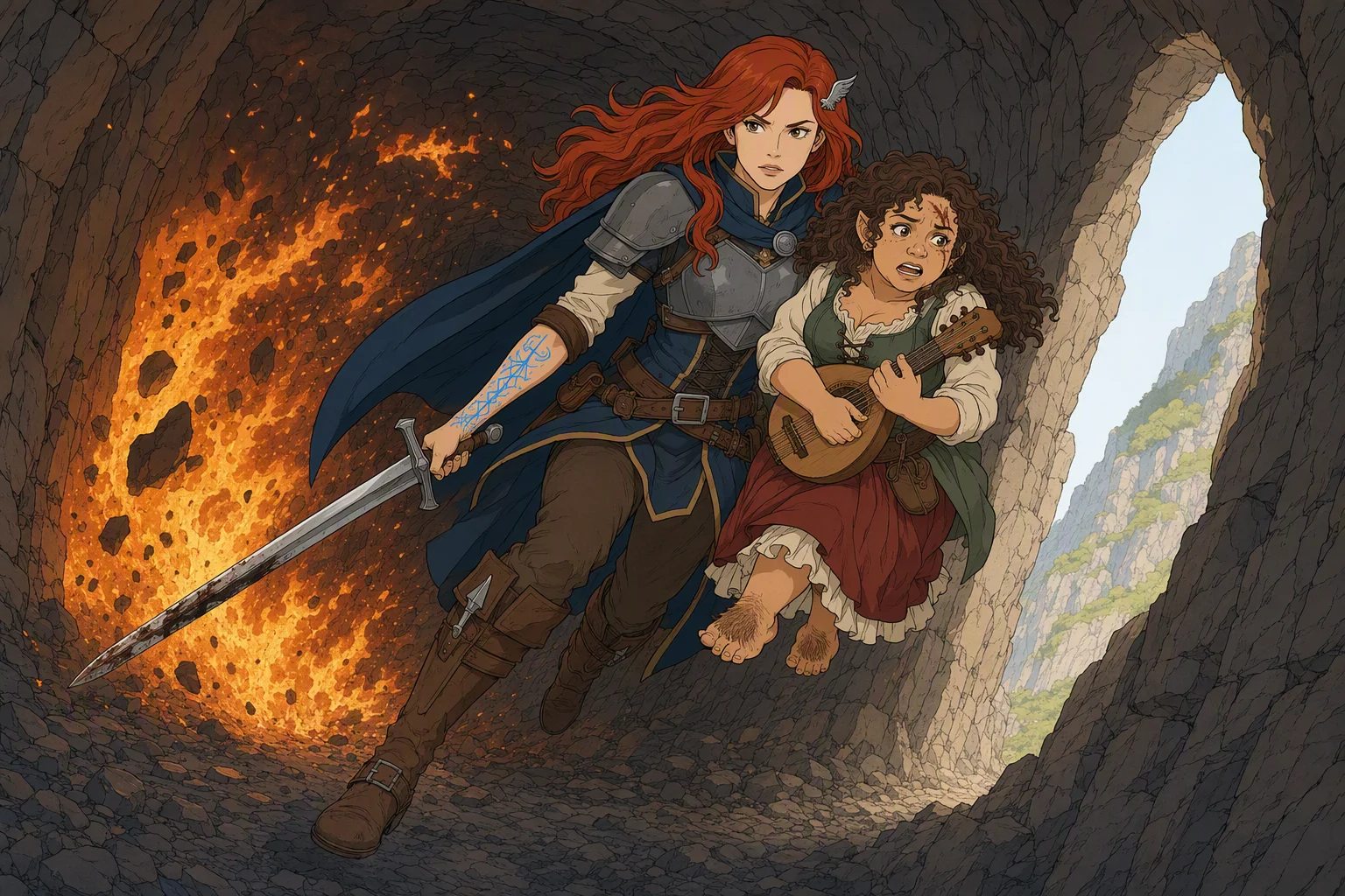 In the cramped stone passage leading out of the lair, Alias runs toward the daylight carrying the struggling Olive Ruskettle under one arm as a roaring wall of dragonfire races after them. Alias is making a final leap for the mountainside opening while heat and soot fill the tunnel behind her. It is daytime outside, though no weather is visible from within; the compelling focus is the narrowing gap between the fugitives and the pursuing flames.
