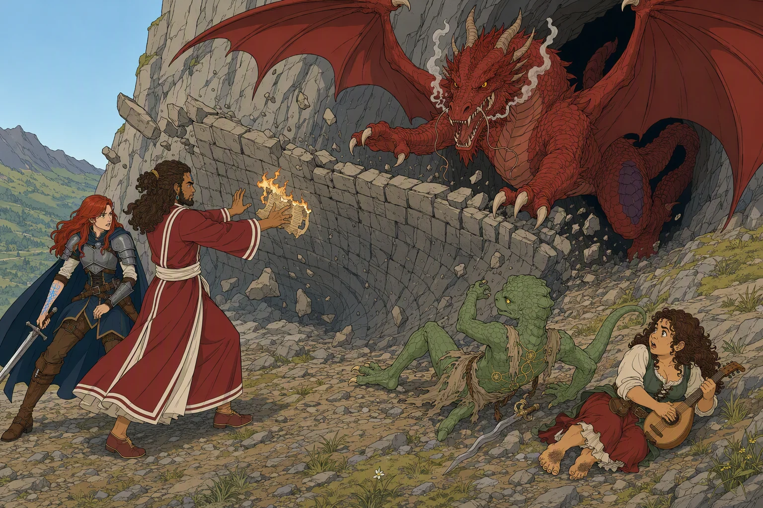 At the main entrance to the mountain lair in daylight, Mist flies low out of the darkness toward the party just as Akabar completes the spell with the scroll burning in his hands. A newly conjured wall of stone surges across the opening between them and begins to bow outward under Mist’s impact. Alias braces near Akabar, while Dragonbait and Olive Ruskettle are down the rocky slope after his tackle. No rain or other adverse weather is visible; the extraordinary sight is the stone barrier appearing in the final instant before the charging dragon breaks through.