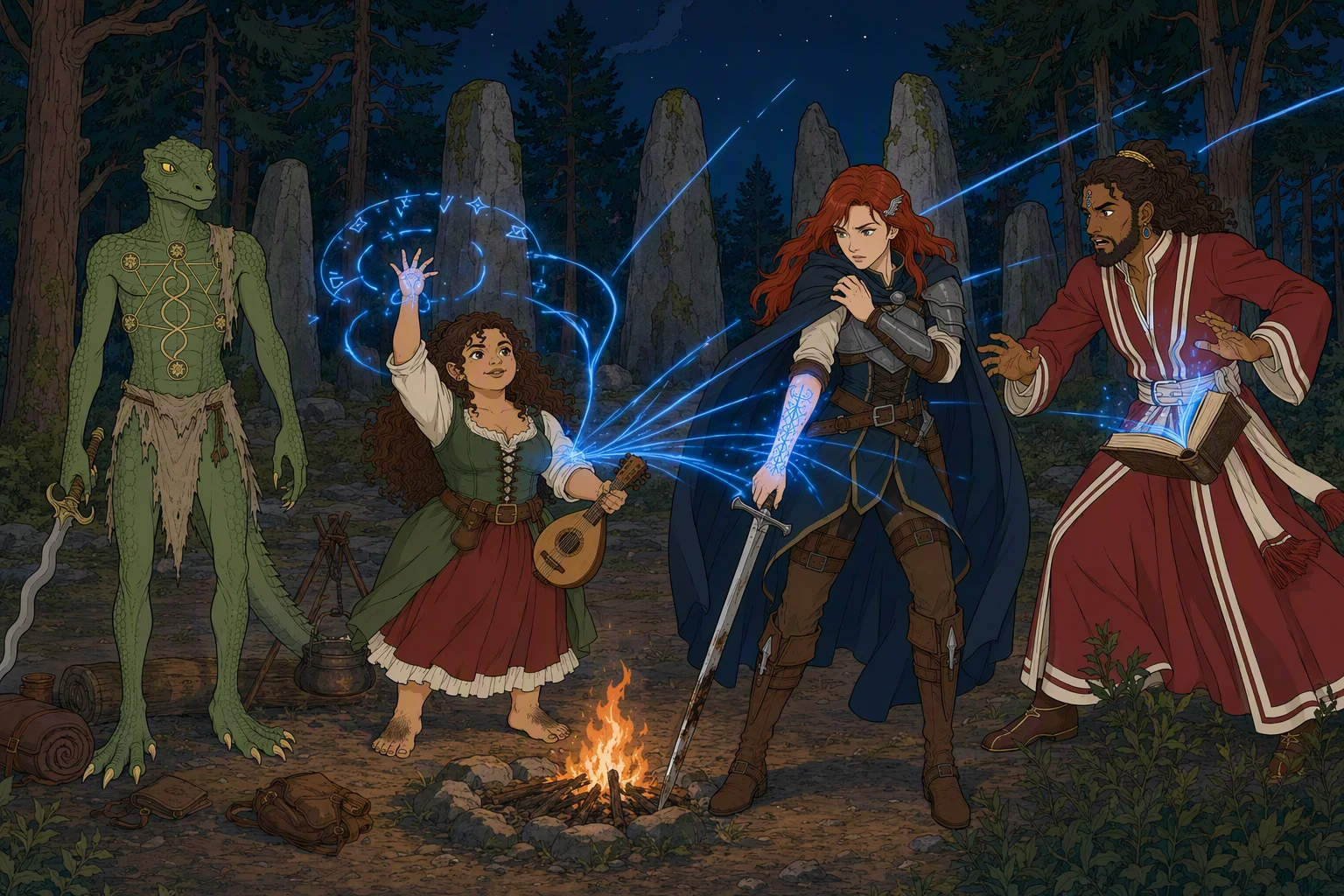 At the woodland camp beneath the pines at night, Olive Ruskettle holds one hand overhead to command the ring while Alias rises and pulls her cloak tightly around herself, Akabar recoils and then moves toward her, and Dragonbait stands nearby. Blue light blooms from Olive's ring, Akabar's ring and spellbook, but the brilliant beams bursting from the sigils on Alias's arm rake wildly through the dark forest; the cold air is still, and the startling contrast of magical blue against firelit trees makes the image.