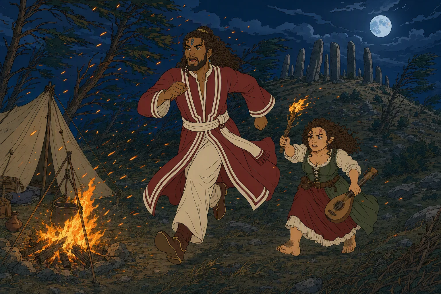 At the same camp at night, a violent wind lashes the pines and hurls sparks sideways from the fire as the earth shakes. Akabar springs up and runs toward the moonlit stone circle while shouting for Alias; Olive Ruskettle snatches a burning branch and races after him, with a malicious unseen laugh rolling down from the hilltop. The airborne embers and trees bending around the two charging figures make the image worth looking at.