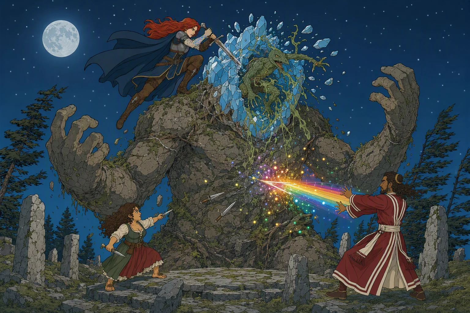 On the abandoned hilltop stone circle at night, Alias hangs high against the colossal earth-and-stone elemental and swings Dragonbait's sword into the crystal prison embedded in its head. The crystal bursts open and Dragonbait spills out with a cascade of slime; below, Olive Ruskettle throws daggers into the giant's chest while Akabar casts a rainbow lance that spreads luminous motes across its crumbling body. A gale bends the surrounding pines under a clear moon, and the spectacular collision of blue sigil-light, shattered crystal, and rainbow magic makes the image.