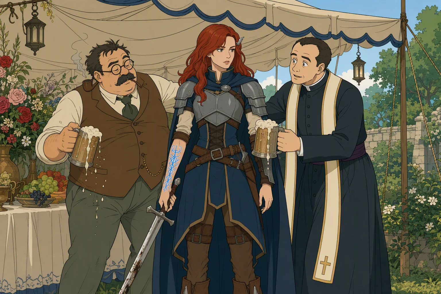 At the shadowed edge of the wedding tent during a warm, dry daytime reception, Alias faces Dimswart and Winefiddle amid the press of guests. Dimswart and Winefiddle clutch foaming mugs, sway into one another, and spill ale as Winefiddle presses his drink on Alias; their drunken solemnity amid the elegant celebration is the visual joke.