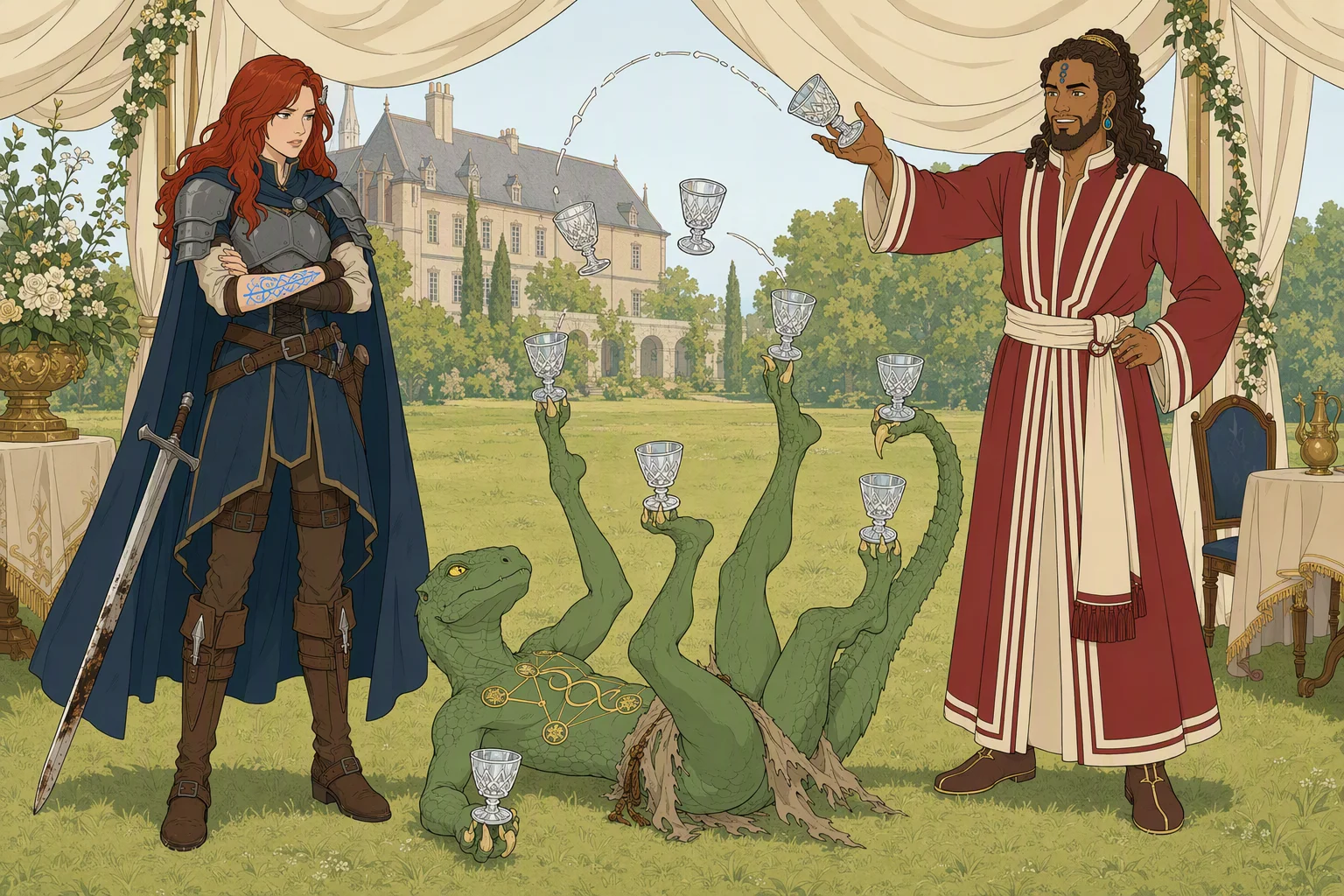 On the grass inside the open-sided wedding tent in dry daylight, Dragonbait lies at the center of a ring of delighted guests, keeping seven crystal cups cycling through all four feet and his tail. Akabar tosses an eighth cup into the glittering pattern while Alias stands beside him in exasperation; the airborne crystal forming an elaborate arc over Dragonbait is the image’s spectacle.