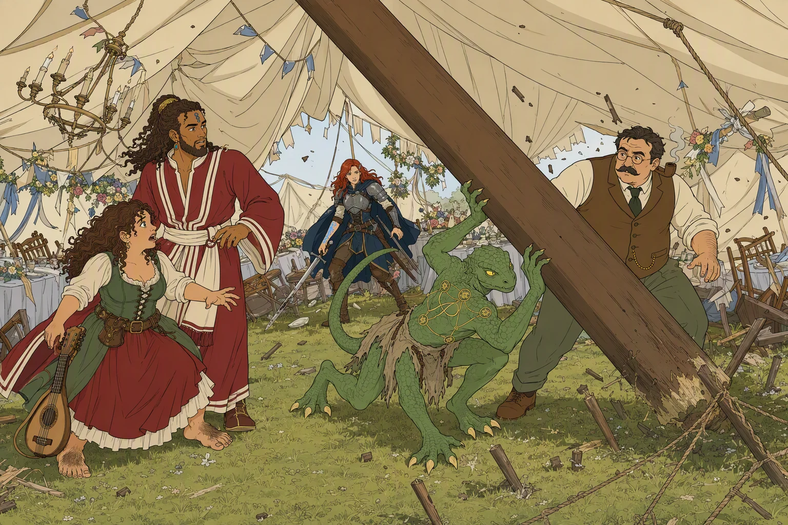 Inside the wedding tent in dry daylight, Dragonbait tackles the enormous central pole as Olive Ruskettle and Akabar watch from close by and Dimswart braces amid the chaos. Alias is visible deeper in the disrupted reception while panicked guests scatter; the pole is sliding across the grass, stakes are ripping free, and the vast cloth roof is descending over everyone in a single catastrophic wave.