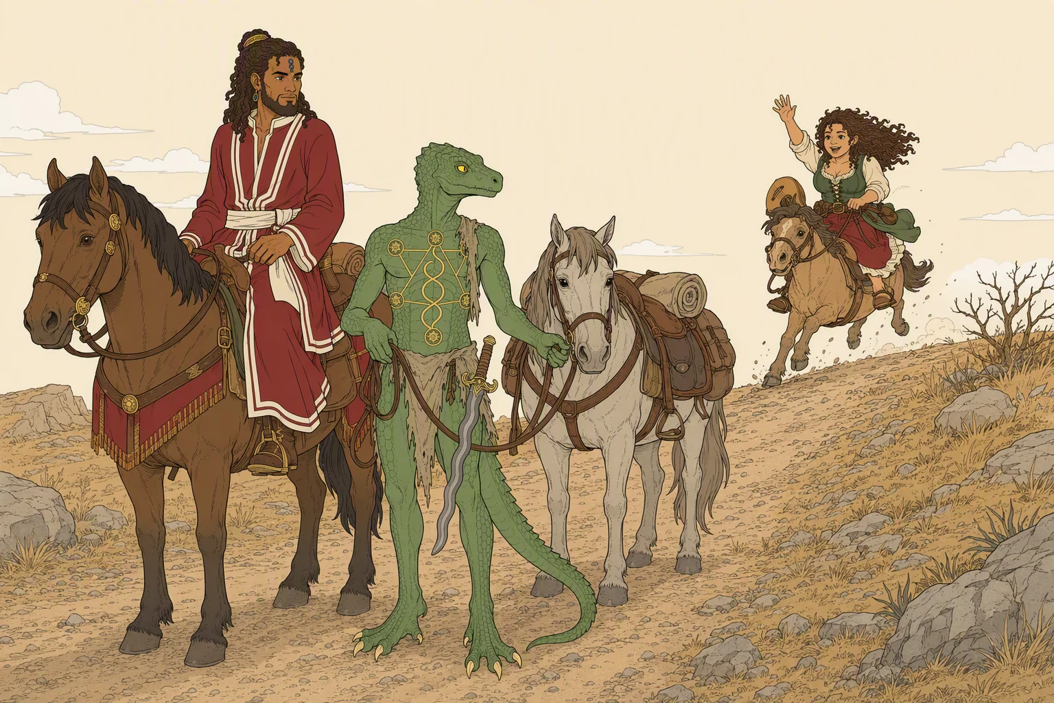 On the dusty road beyond Dimswart Manor in the dry afternoon, Akabar has just mounted while Dragonbait halts beside the packhorse and holds its reins. Olive Ruskettle charges over the crest of the hill on her pony, calling after them as the other horses wait in the road. The image is worth looking at for Olive's sudden, energetic arrival turning a two-person search into an unlikely expedition.