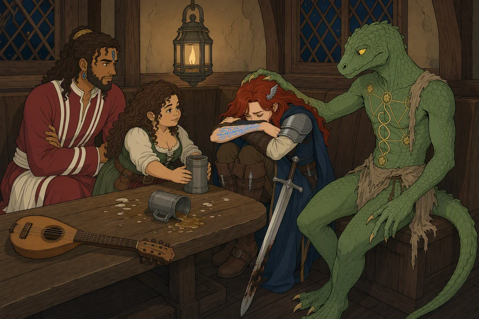 At night in a rear booth of The Hidden Lady, Alias sits tightly folded against herself and sobs beside a spilled mug of mead. Dragonbait reaches across the table to comfort her, gently stroking her head; Akabar watches in grave silence, while Olive Ruskettle takes Alias's untouched drink. Hanging lamplight isolates the group from the surrounding tavern, and the striking focus is Alias finally breaking down as her companions gather around her.