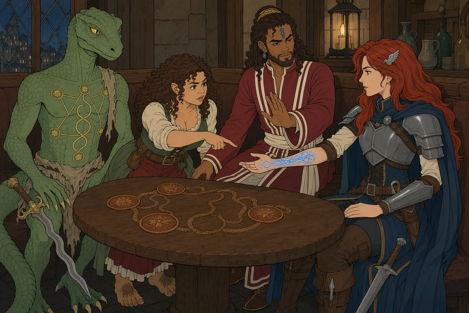 At night around the tavern booth's oak table. Alias is seated at the RIGHT side of the frame, her body turned to face left toward the others, and she reaches her right arm (the one on the viewer's left as she faces us) across the table above the five engraved copper plates. Olive Ruskettle points to the conspicuous empty space enclosed by the serpentine pattern on Alias's wrist, while Akabar reacts dismissively and tries to nudge Olive beneath the table; Dragonbait remains beside them, watching the examination. Lamplight catches the etched plates and the unfinished ring of sigils, with the unexplained sixth space forming the image's arresting center.