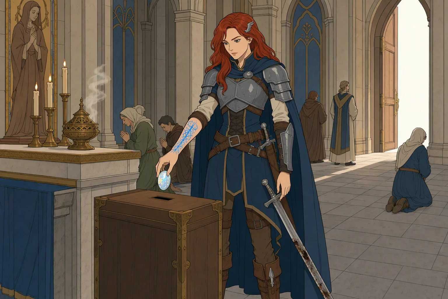 Inside the dim congregation hall of the Towers of Good Fortune near noon, Alias drops a large opal into the poor box beside the altar while distant unnamed priests and worshippers continue their prayers. Bright sunlight glares through the open doorway, though no other weather is visible; the opal poised above the box is the image’s brilliant focal point.
