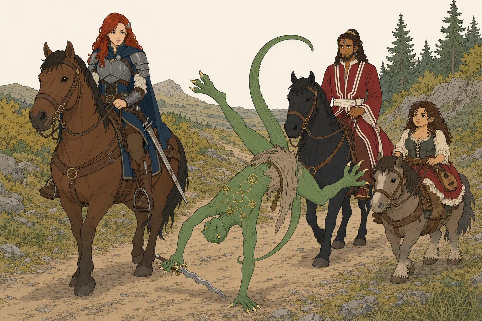 On the northbound road beyond Hilp in daylight, Dragonbait performs a cartwheel around the moving horses to prove that the party is not traveling too quickly. Alias watches from horseback, while Akabar and Olive ride nearby; the weather is unstated, so the sky should remain neutral and unobtrusive. Dragonbait’s exuberant acrobatics amid the traveling mounts make the scene immediately memorable.