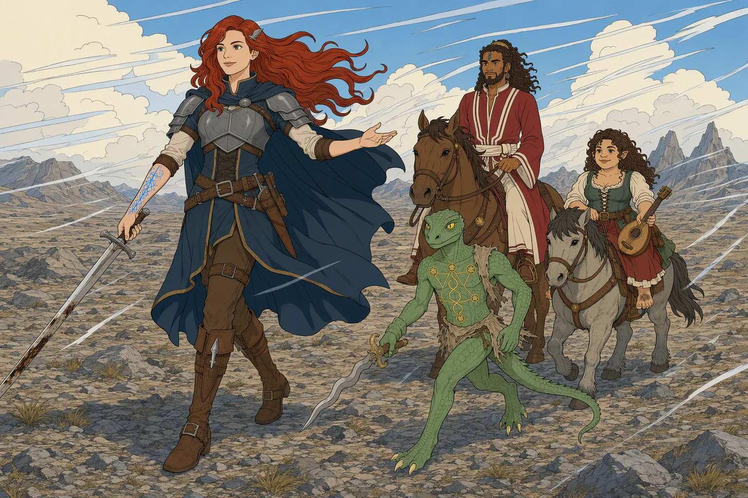 By day on the vast stony plain north of the Storm Horns, strong winds sweep across the exposed ground as Alias turns into the gusts and smiles. Akabar and Olive continue on horseback nearby while Dragonbait runs beside the mounts; the wind visibly dominates the landscape, and Alias welcoming its force rather than shrinking from it gives the image its power.