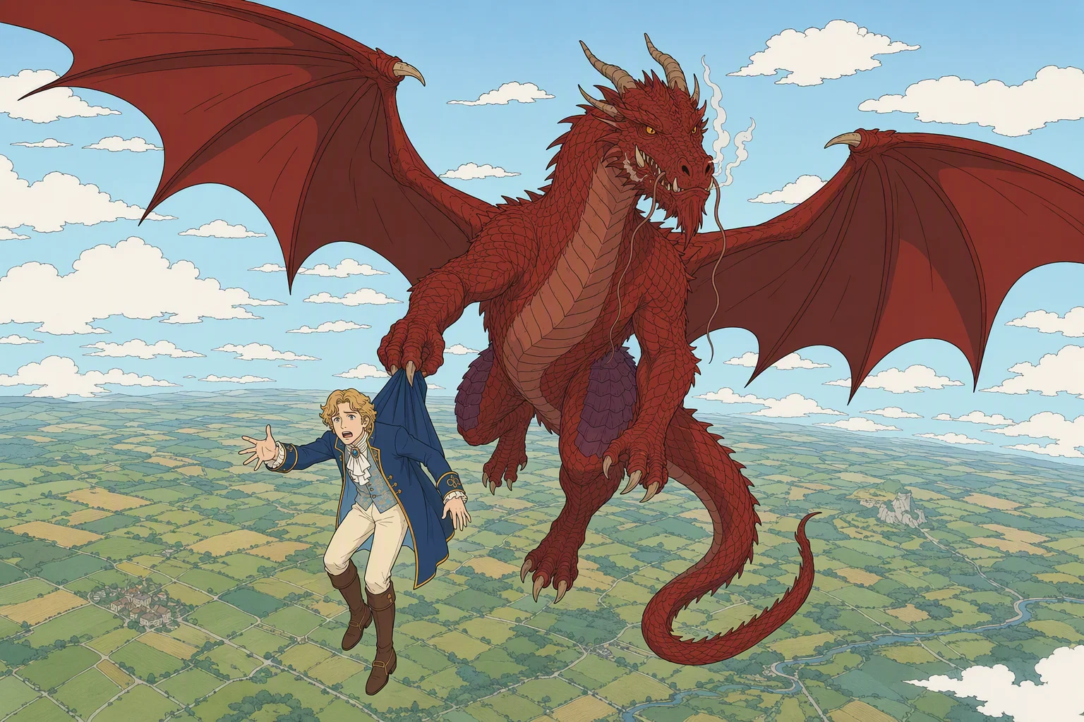 High above the Cormyrian countryside in fair daytime weather, Mist flies in a climbing spiral while holding Giogioni Wyvernspur by the back of his shirt in one claw. Giogioni dangles over the patchwork fields and road far below, pleading as Mist threatens to drop him; the immense gulf beneath his feet is the image's arresting feature.