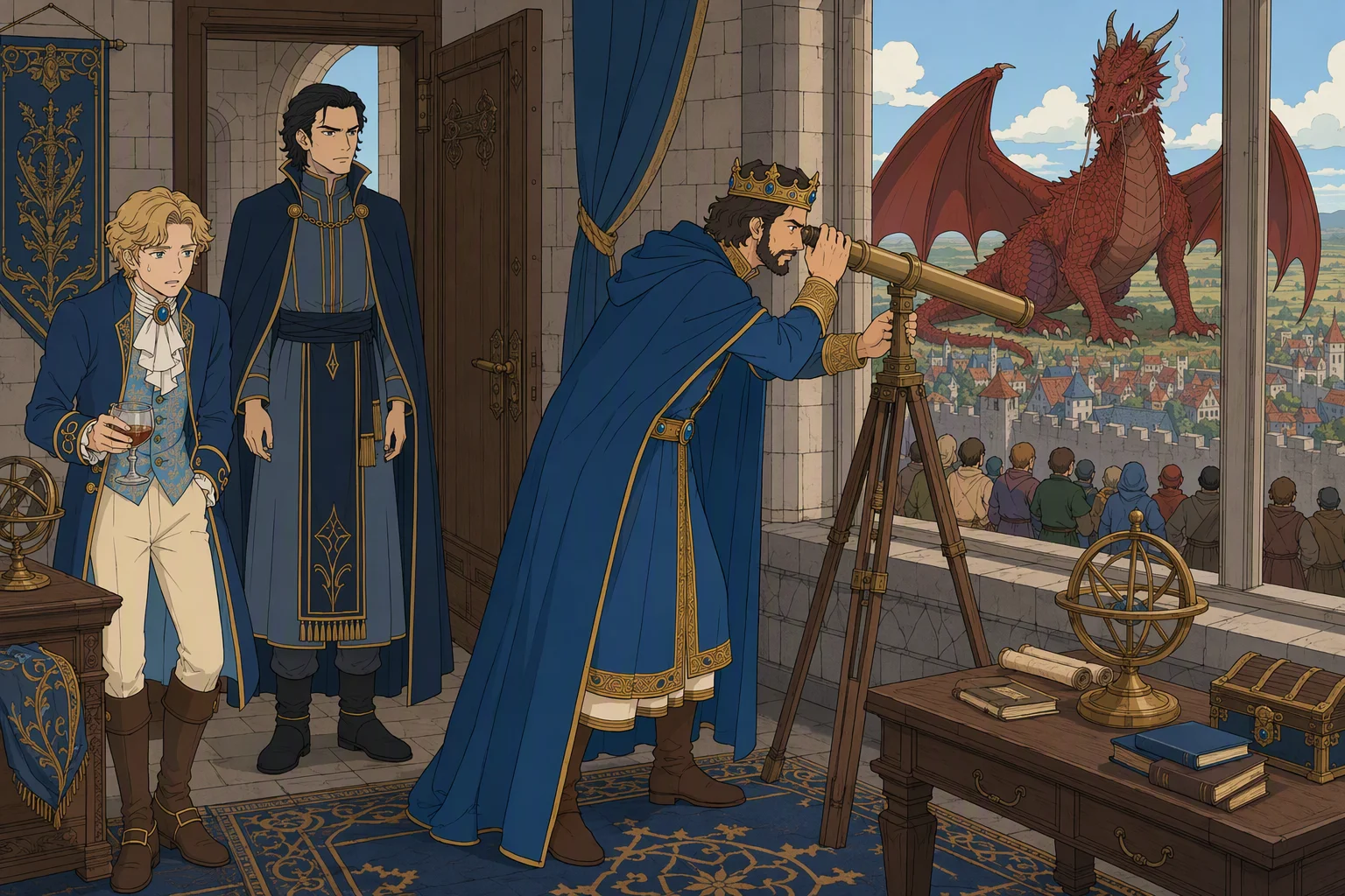 In a royal tower room during daylight, Azoun aims a telescope through the western window toward the Fields of the Dead, where Mist has conspicuously settled near Suzail's walls. Vangerdahast stands in the doorway awaiting reports, while Giogioni Wyvernspur steadies himself with a large glass of brandy in a corner. Outside, unnamed townspeople crowd the battlements to stare at the dragon; the weather is not specified, and the extraordinary sight of Mist calmly displaying herself before the capital dominates the scene.