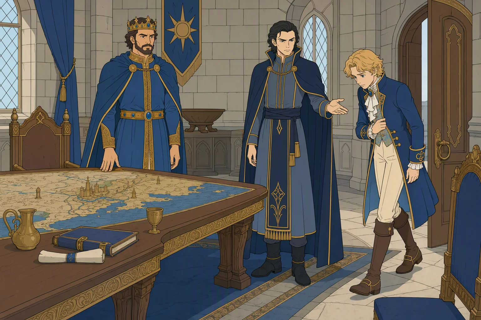 Inside the royal tower room in daytime, Azoun gives a grave nod of assent beside the conference table as Vangerdahast directs Giogioni Wyvernspur to carry their answer to Mist. Giogioni rises, bows reluctantly, and turns toward the door to begin the mission; no outdoor weather is visible, and the charged sight of one hesitant noble being sent alone as the kingdom's messenger to a dragon makes the decision tangible.