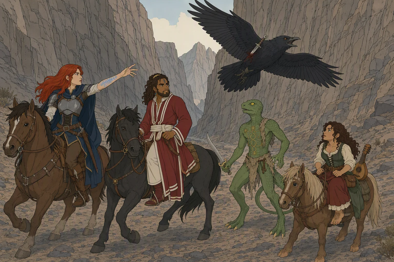 In the steep, barren confines of Shadow Gap, Alias has just thrown her dagger from horseback as a huge raven bursts upward from a scrub bush. The blade is embedded near the bird’s wing, its hilt flashing in a narrow shaft of afternoon sun while the raven flies toward the cliff. Dragonbait draws his sword, Akabar turns in the saddle, and Olive watches from her pony. The weather is dry and eerily still; the unforgettable focus is the wounded raven escaping with Alias’s weapon.