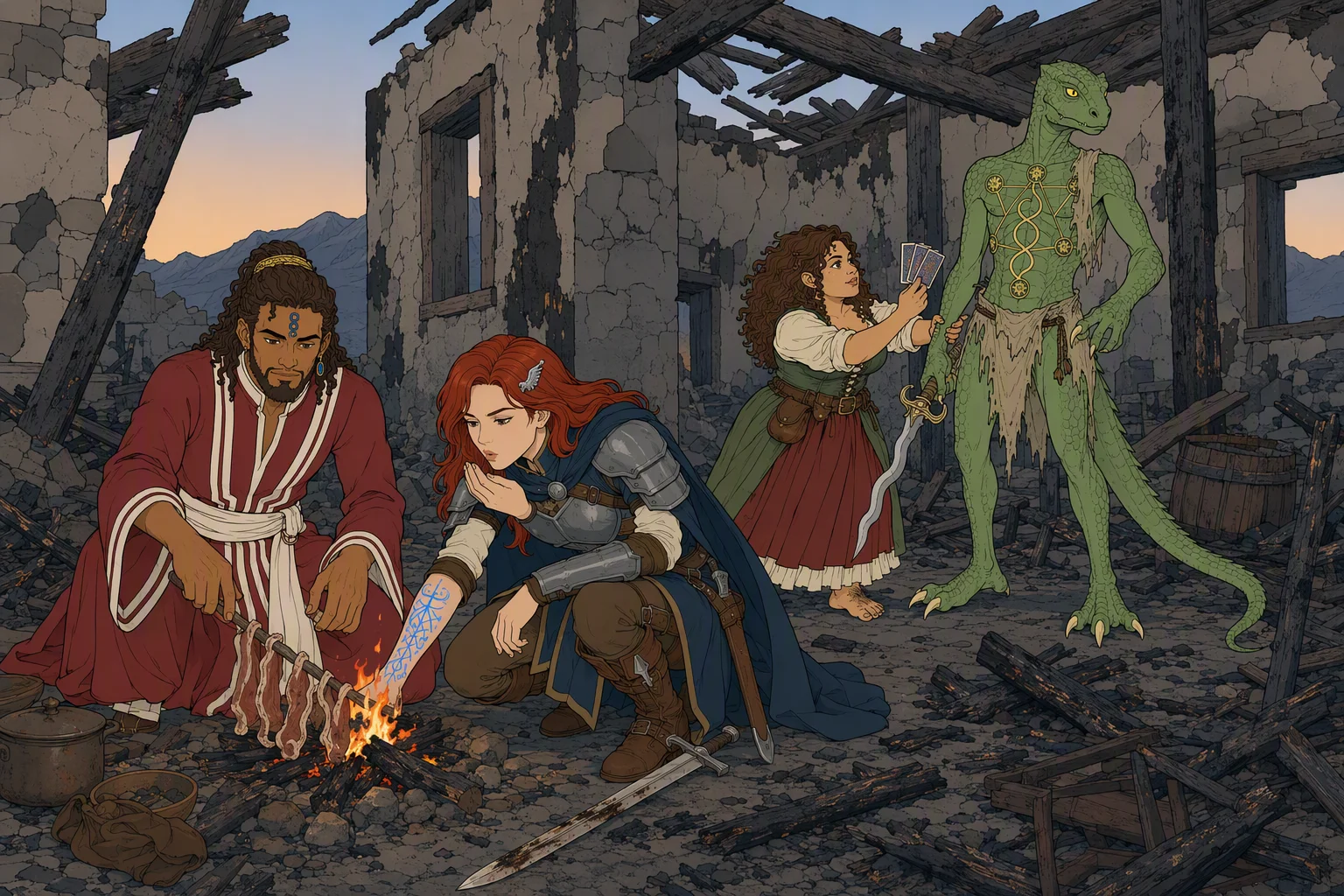 Inside the roofless, fire-blackened inn at cold, dry evening, Olive Ruskettle grips Dragonbait by the arm and hustles him toward a distant corner while holding her Talis cards ready for a lesson. In the foreground, Akabar kneels over a newly kindled fire and begins preparing strips of lamb as Alias crouches beside him, blowing on the tinder until flames catch among the charred wood. The contrast between Olive’s determined experiment and the small domestic fire amid vast burned ruins makes the scene worth looking at.