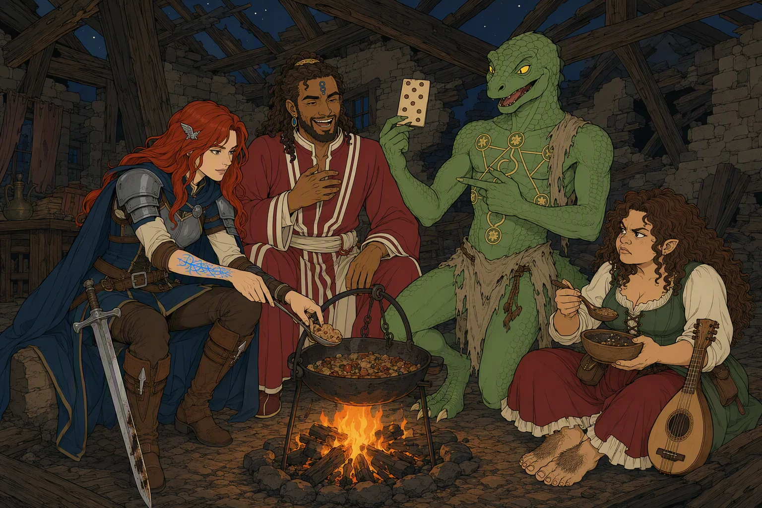At night in the burned inn, the party gathers within the lone pool of firelight under broken rafters, with cold, dry darkness surrounding the ruins. Dragonbait holds up the Holed Plate card and makes a clicking laugh toward Olive Ruskettle, who glares at him over her pepper-laden supper. Akabar bursts into laughter beside the skillet while Alias reaches toward the pan for another helping. The image’s comic centerpiece is Dragonbait using Olive’s own card lesson to declare that he is proud of fooling her.