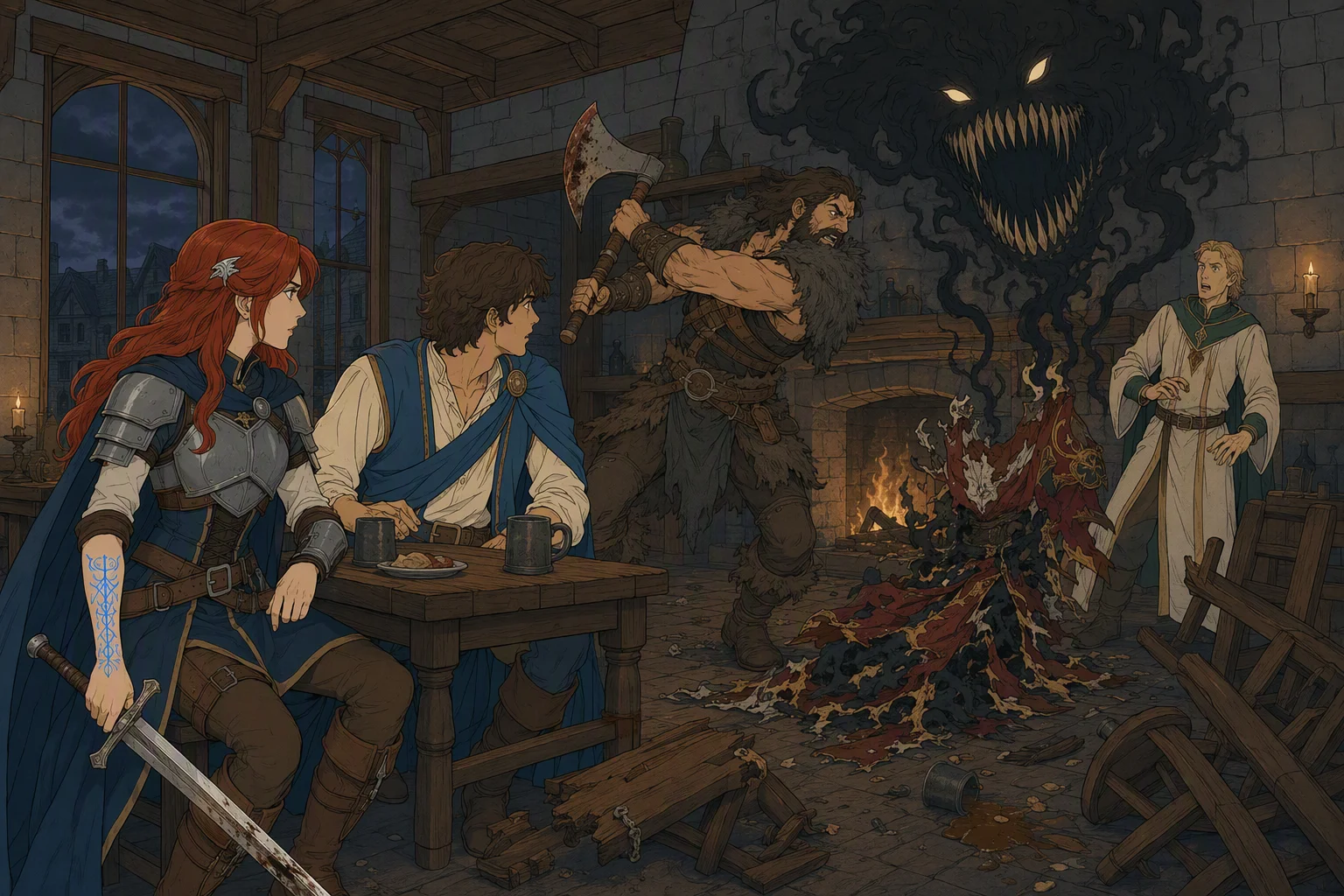Inside the dream-restored North Gate Inn at night, a barbarian has just cleaved the herald from head to waist while Alias and Nameless watch from their table. Instead of bleeding, the herald collapses into scraps of cloth as black vapor rises above the barbarian and forms a hovering kalmari with two glowing eyes and a vast, needle-toothed mouth; an unnamed cleric and other patrons recoil amid firelight and overturned furniture. The night outside is cold and overcast, but the unforgettable focus is the slain herald transforming into a hissing monster.