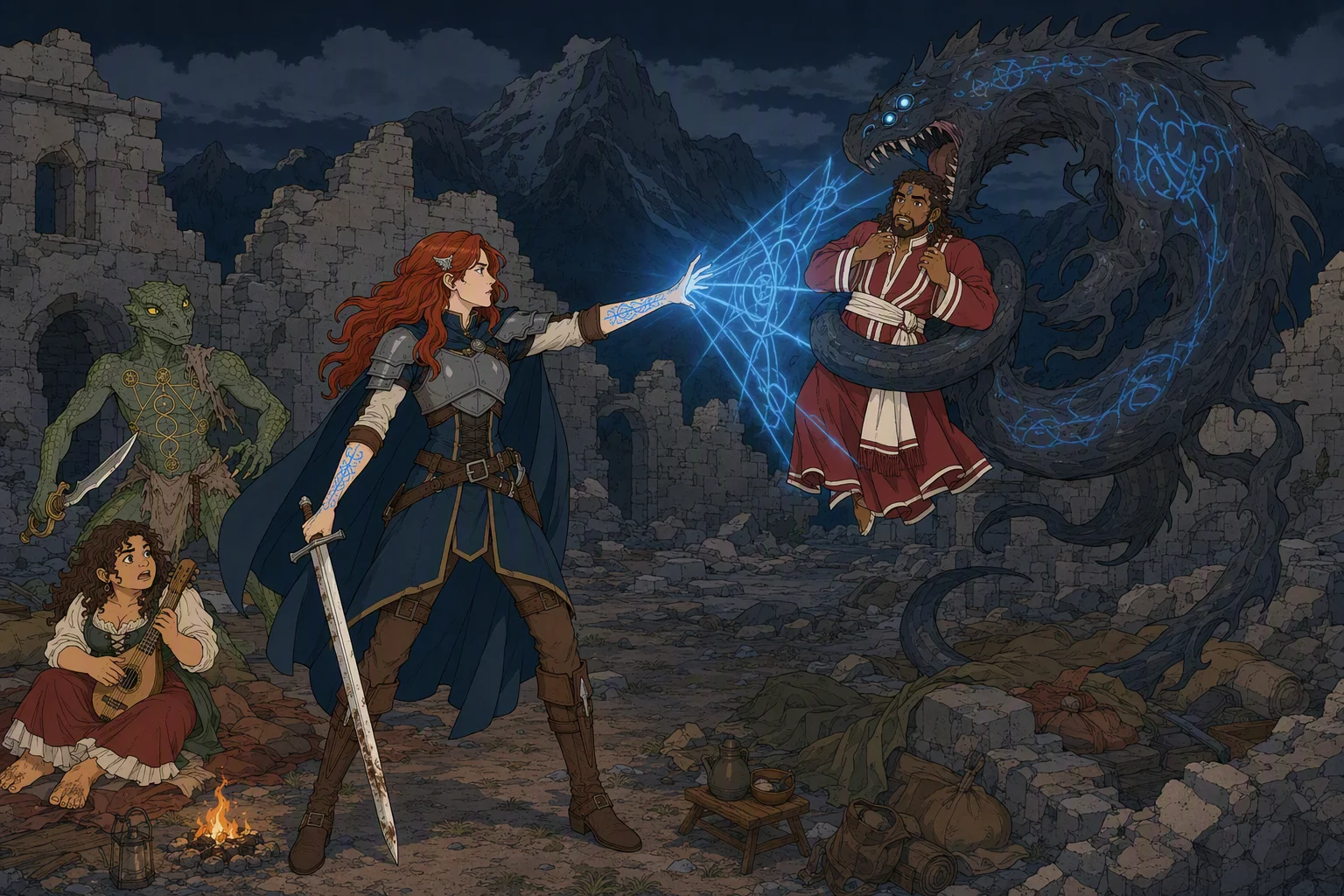 In the roofless ruins of the hostel at night, the kalmari hovers over the campsite with its tail wrapped around the sleeping Akabar, lifting him toward its open jaws. Alias confronts it with sword in hand and raises her branded arm, sending brilliant blue light across the rubble as the monster retreats while holding Akabar before itself as a shield; Dragonbait and Olive remain among the bedding behind her. The mountain night is cold and overcast, and the blue sigils exposing the smoky predator make the image striking.