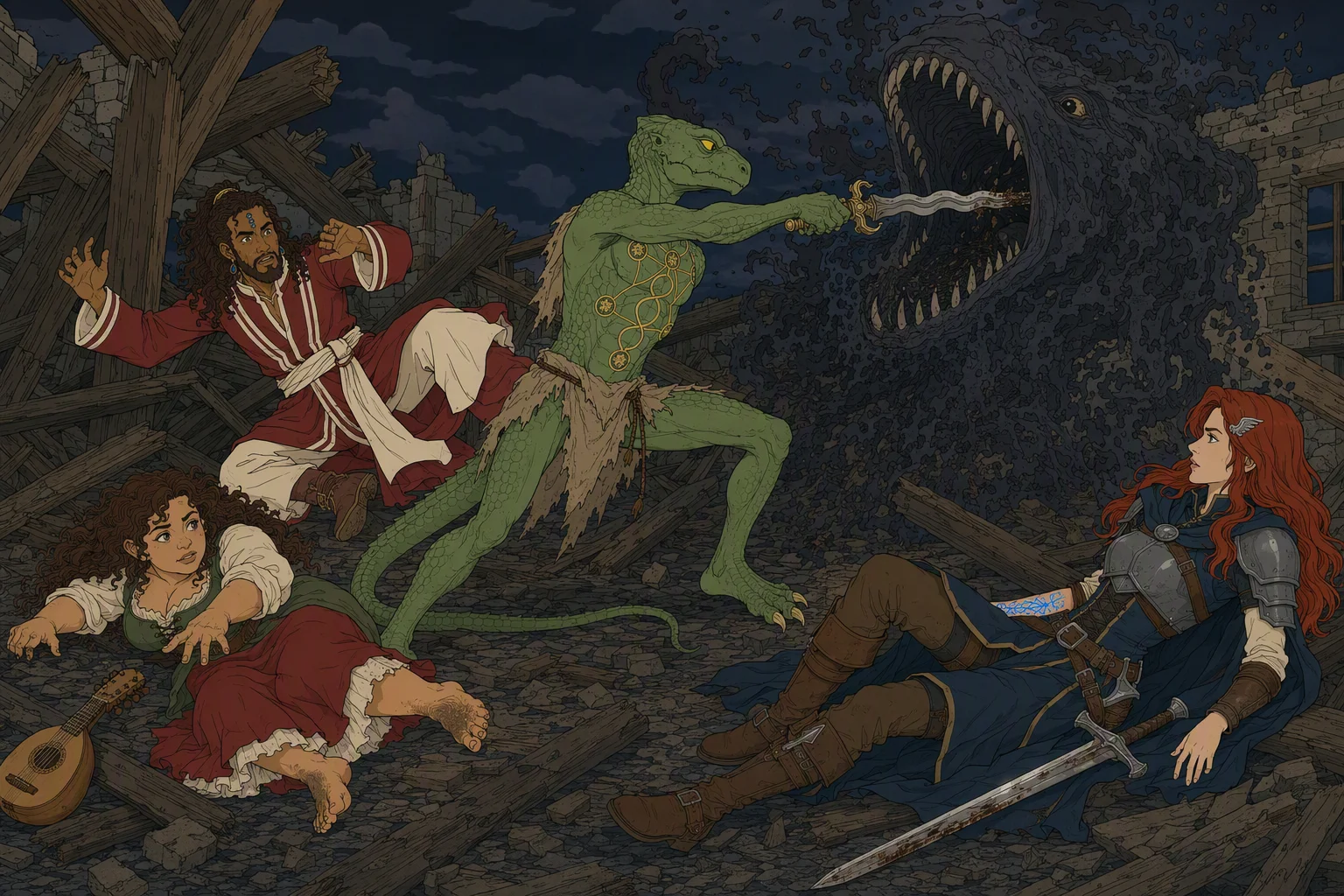 In the shattered hostel at night, Dragonbait attacks the kalmari with the recovered lion-hilted sword as it drops Akabar and turns its enormous mouth toward him. Olive lies beneath the battle after her failed charge, while Alias remains sprawled among fallen beams watching; the decisive sword has been hurled point-first into the creature’s maw, and its smoky body is bursting into dark motes on the cold night breeze. The sky is overcast, and the monster disintegrating around the weapon that once passed through its body is the image’s central spectacle.