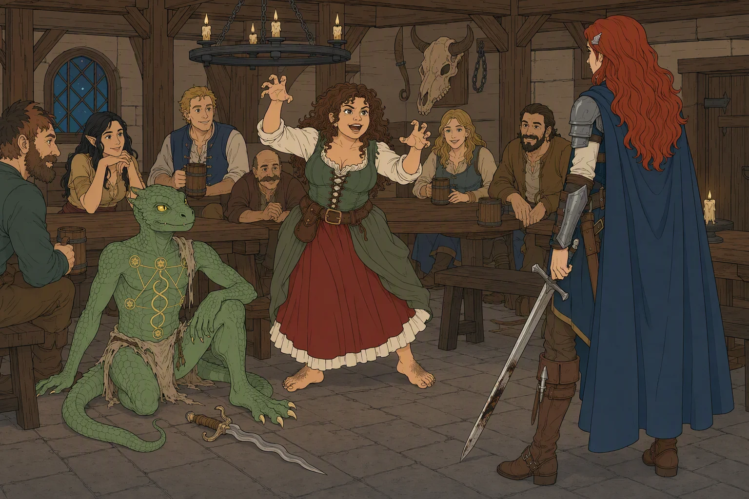 Inside The Old Skull’s crowded taproom in early evening after the rain, Olive Ruskettle holds a circle of local patrons spellbound, raising curled fingers like fangs and spreading her arms to suggest an enormous monster. Dragonbait sits at her feet while Alias has just entered and pauses at the edge of the gathering, watching the performance. The irresistible focal point is Olive’s extravagant pantomime as she publicly retells the party’s dangerous encounter.