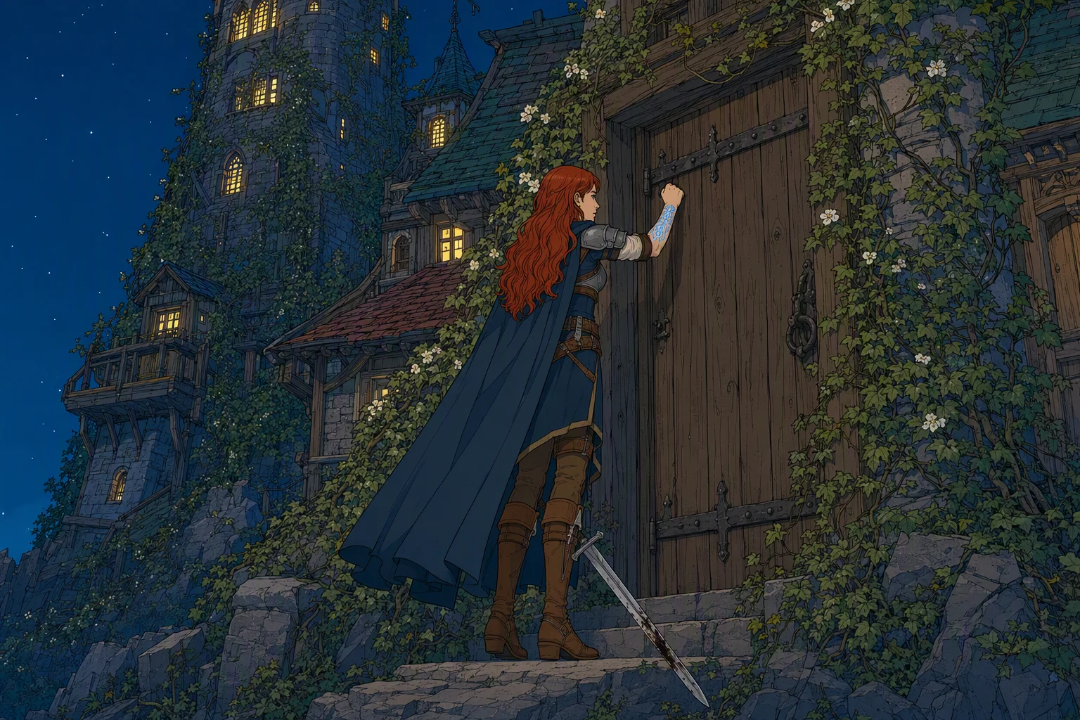At cold, dry nightfall, Alias stands at the locked entrance of Elminster’s ramshackle tower and pounds loudly on the door. Flowering vines engulf the crowded additions and tall stone spire, while lights glitter in upper windows despite the building’s refusal to admit her. The compelling contradiction is an ancient, visibly occupied tower remaining silent and sealed against its lone visitor.