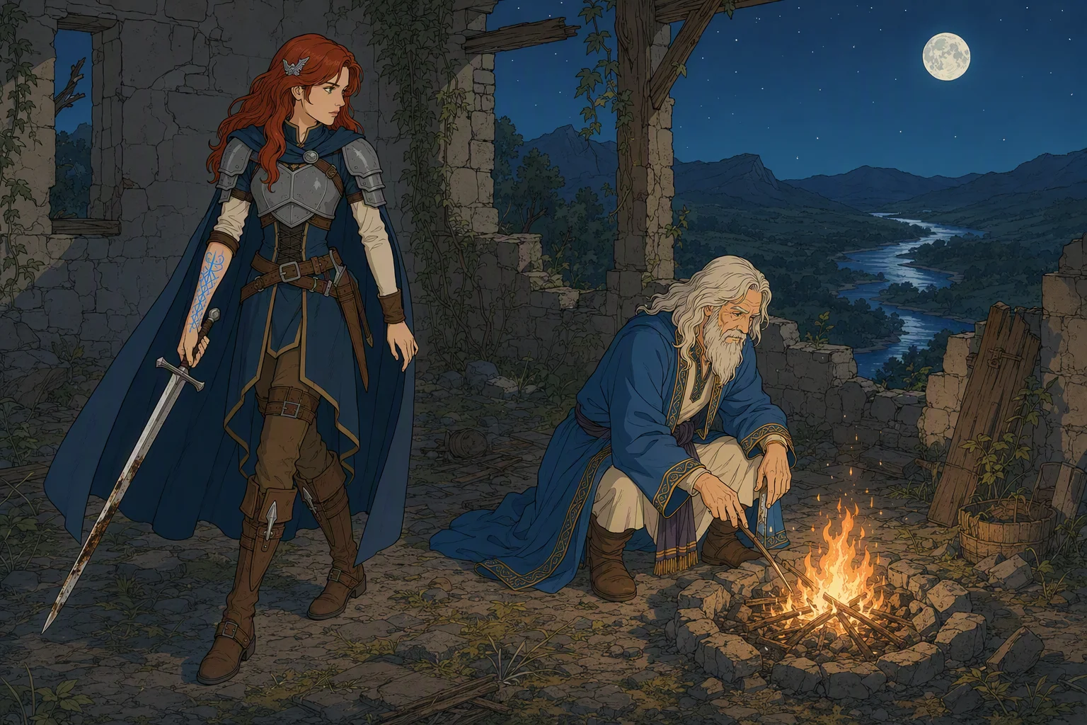 Atop the moonlit hill, inside the roofless ruins of Sylune’s hut, Elminster kneels at the broken hearth and kindles a watch-fire while Alias steps cautiously into its growing circle of light with her dagger still in hand. It is a cool, dry night, and the sudden flames illuminate the shattered stones and overgrown floor, turning an apparent confrontation into an uneasy fireside meeting.