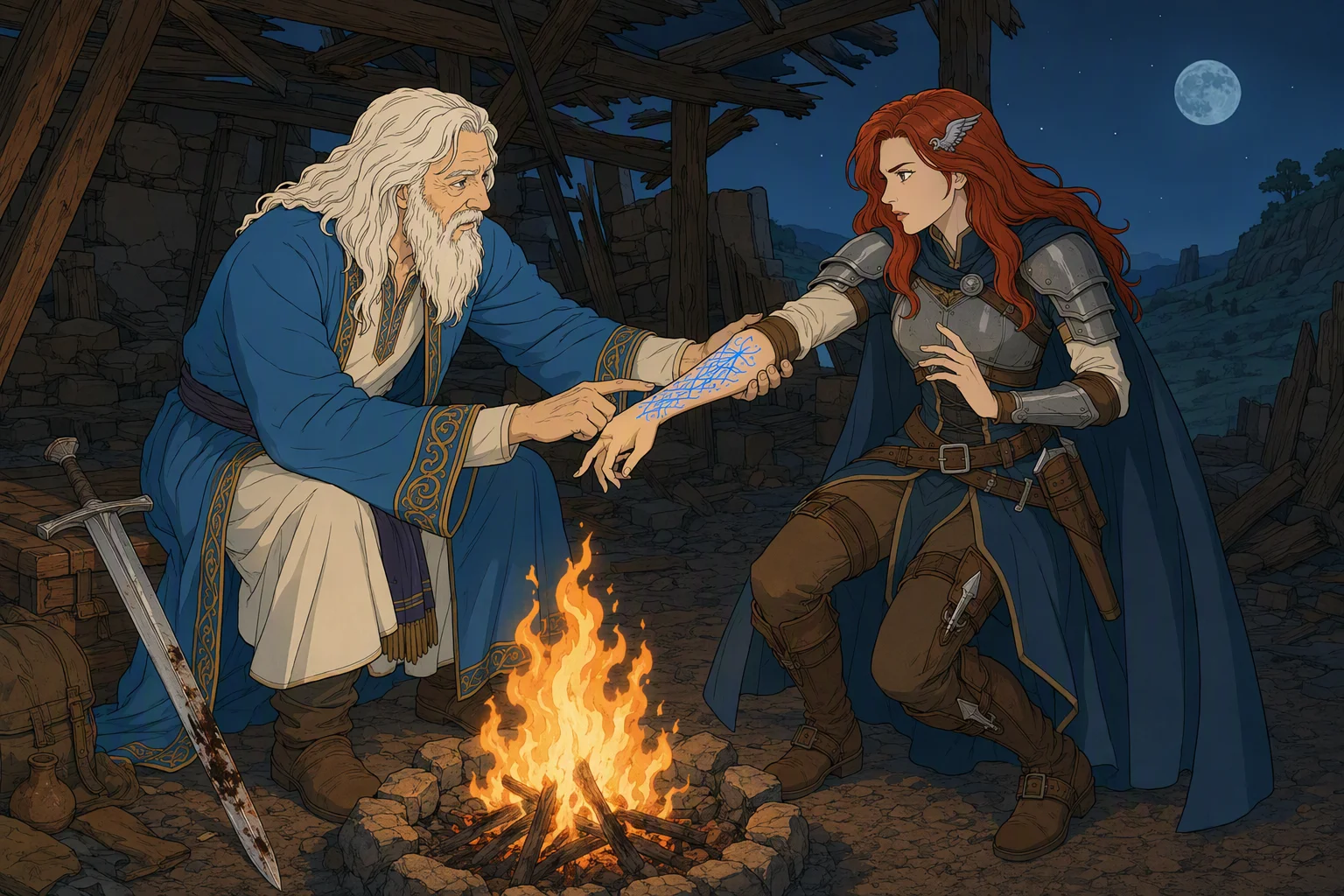 Beside the watch-fire in Sylune’s ruined hut, Elminster grips Alias by the wrist and draws her exposed forearm toward the flames while she pulls back tensely and questions him. Firelight plays across the blue sigils as he taps the mark associated with the Fire Knives; the surrounding hill remains dark beneath the moon on a cool, dry night. The uncanny symbols glowing against the warm firelight are the image’s focal point.
