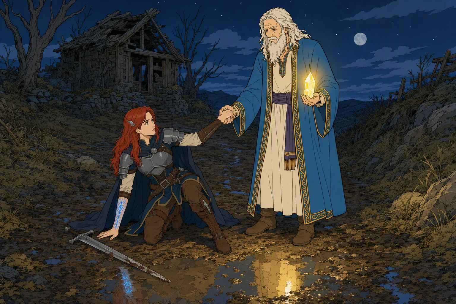 On a muddy path in the hill’s moonshadow, Alias has just fallen beside a water-filled pothole when Elminster reaches down and lifts her with one hand while holding out a luminous yellow crystal in the other. It is a cool, dry night after earlier wet weather, and the stone casts an even golden glow over the mud, the path, and Alias’s reflected blue sigils; the magical light offered between the wary pair makes the scene compelling.