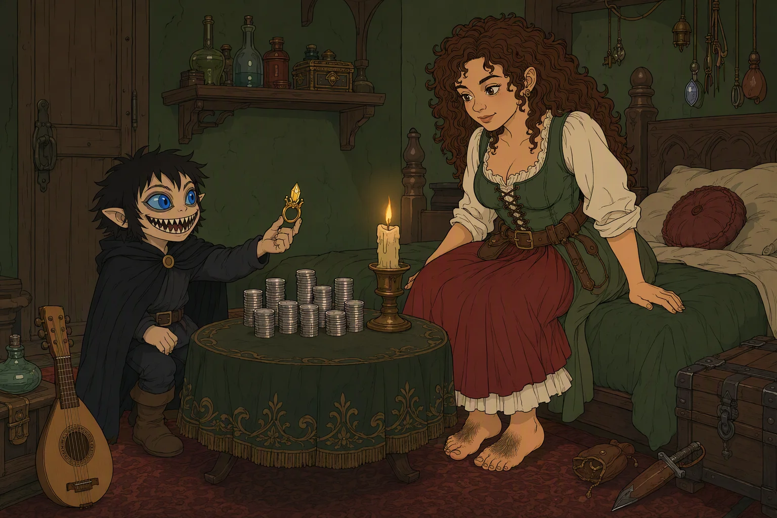Deep at night in the Green Room, Phalse sits beside a candlelit tea table and turns one wrist to offer Olive Ruskettle a gold ring set with a jagged yellow crystal. Olive Ruskettle perches on the edge of the bed, studying the ring while several orderly stacks of platinum coins gleam between them. The weather is hidden by the closed room; the compelling detail is the sinister ring poised above the payment.