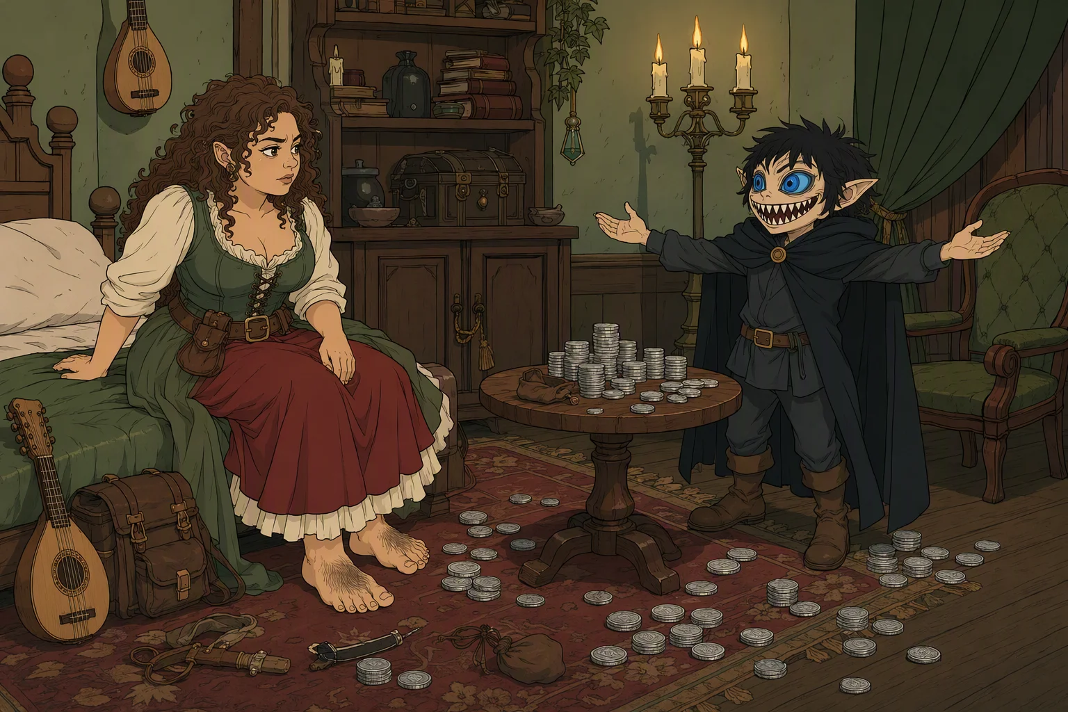 Late at night in the Green Room, Phalse confronts Olive Ruskettle across the tea table, his grin spreading unnaturally wide as it exposes sharpened teeth and betrays that his halfling guise is false. Olive Ruskettle remains seated on the bed, staring back as scattered platinum coins lie across the floor and intact stacks wait on the table. No outdoor weather is visible; the image is dominated by Phalse’s barely contained transformation amid the glittering bribe.