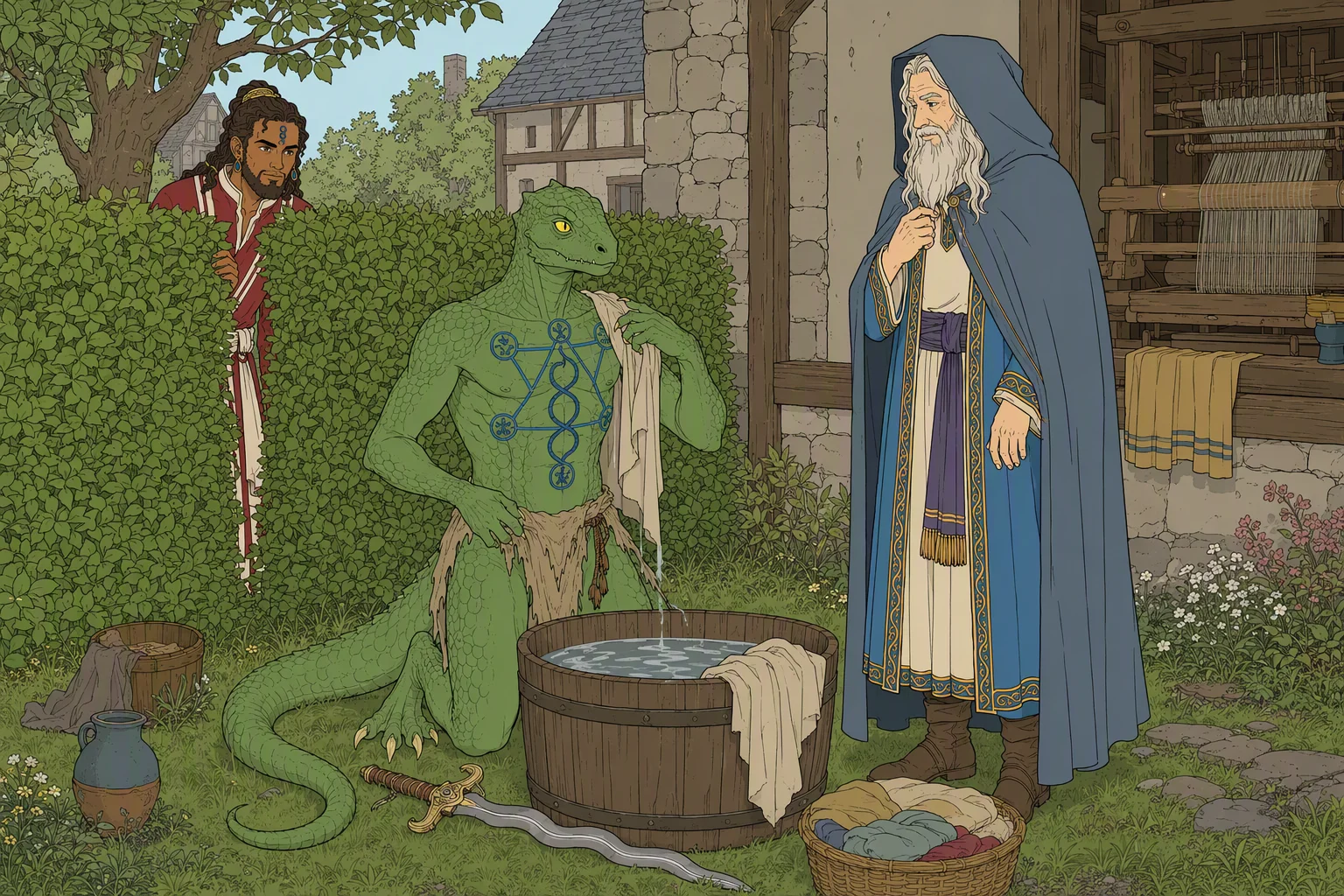 On a quiet morning behind the weaver’s shop, Dragonbait kneels beside a large wash vat and lets a towel fall from his chest while Elminster, still hooded, stands opposite him. Akabar peers secretly through a gap in the high hedge. The garden is still, with no rain or other weather visible; the arresting sight is the bright blue pattern of snakes and sigils arranged in a hexagram across Dragonbait’s chest, echoing the mysterious marks carried by Alias.