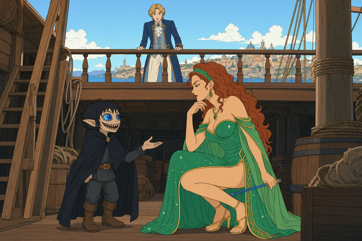 On the lower deck of a small passenger ship approaching Teziir on a fair, bright morning, Cassana and Phalse converse privately while Giogioni Wyvernspur watches from the upper-deck railing, frozen by his recognition of Cassana; the striking focus is his sudden discovery of the two conspirators aboard his own vessel.
