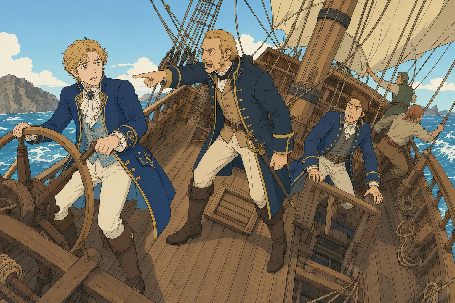 In clear morning weather just offshore from Teziir, the grounded ship pitches steeply and lists toward starboard as Giogioni Wyvernspur clings to the wheel; the unnamed captain points furiously at him, the unnamed first officer reacts to a cracking sound below, and sailors struggle with the sails and rigging on the slanted deck. The extreme angle of the stranded vessel makes the image worth looking at.