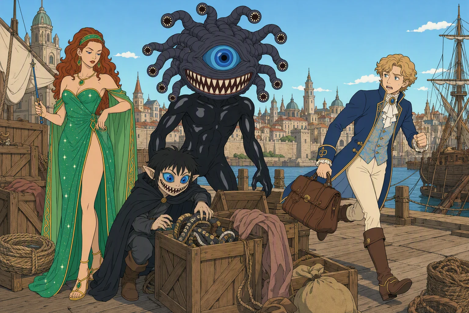 On Teziir’s dock in fair daylight, Phalse rummages through a pile of crates for the invented snake while Cassana checks her pocket; behind them, Giogioni Wyvernspur snatches up his baggage and bolts toward the city. The image centers on the comic split-second deception that lets Giogioni escape.