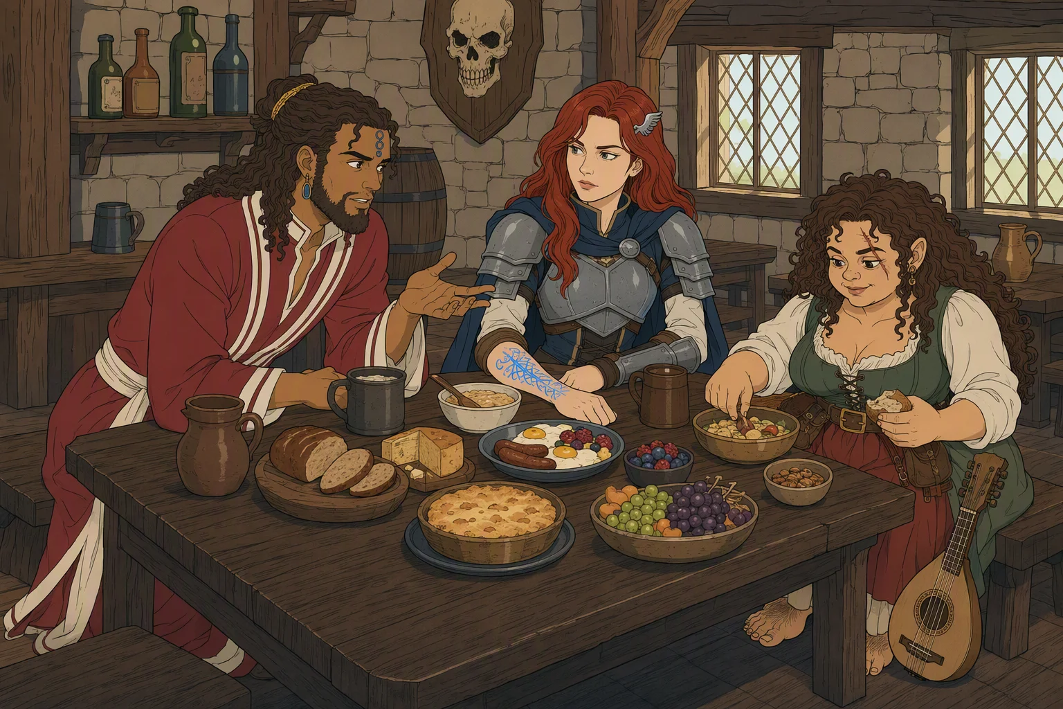Morning inside The Old Skull’s taproom, with daylight at the windows and no outdoor weather visible. Akabar leans low across a table crowded with breakfast dishes, earnestly delivering his invented account of Elminster; Alias watches him with growing scrutiny while Olive Ruskettle remains at the table, helping herself to the food. The image’s hook is the comic tension of Akabar committing himself to an increasingly outrageous lie over an otherwise cheerful brunch.