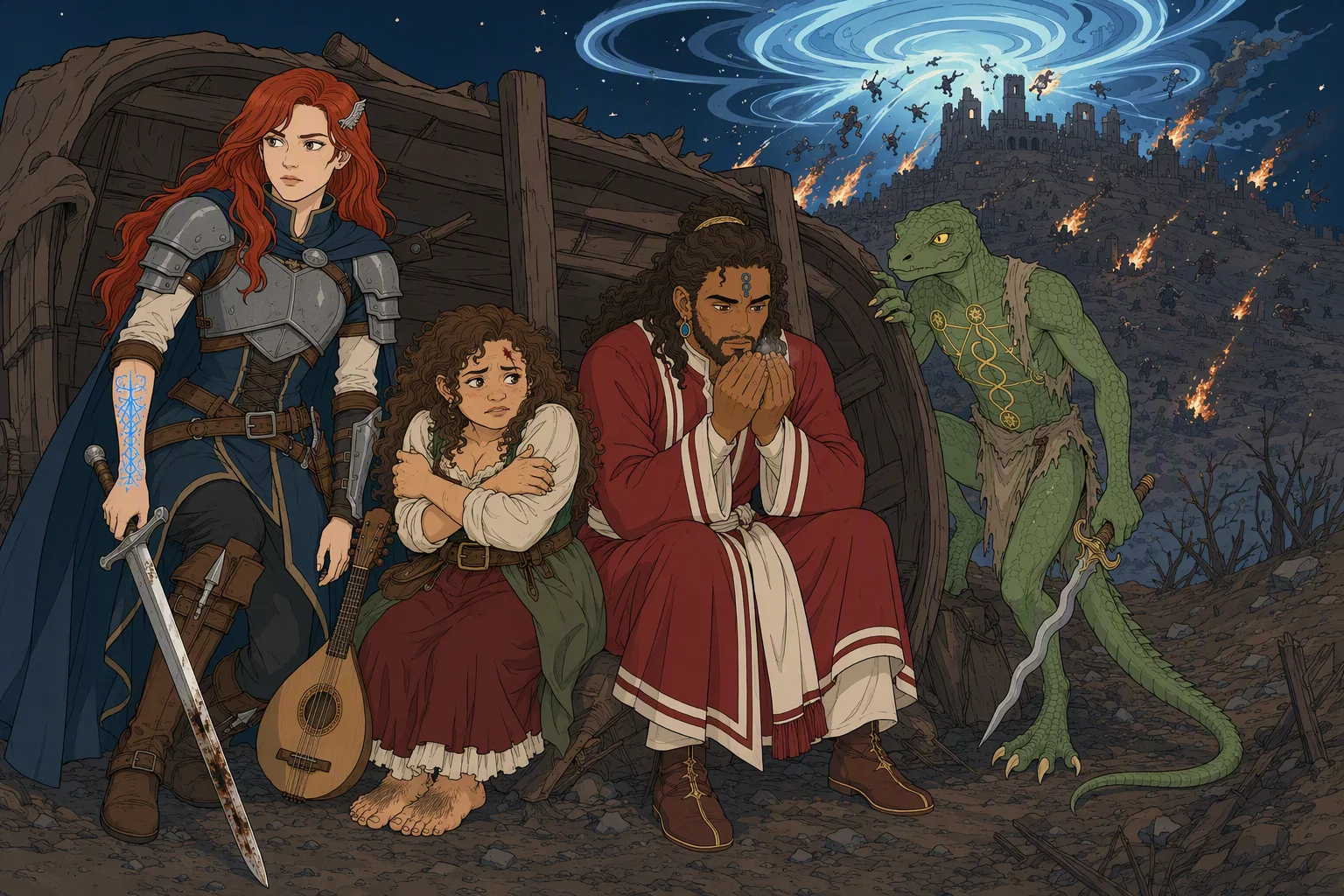 A bitterly cold night outside besieged Yulash, under a dark sky lit by battle magic. Alias, Olive Ruskettle, Akabar, and Dragonbait shelter beside an overturned wagon without a fire: Alias watches the hill, Olive Ruskettle shivers, Akabar blows into his cupped hands, and Dragonbait peers around the wagon’s edge. Above the ruined city, a vast luminous whirlwind engulfs unnamed soldiers and scatters burning figures down the slope like sparks, making the distant battlefield terrifyingly beautiful.