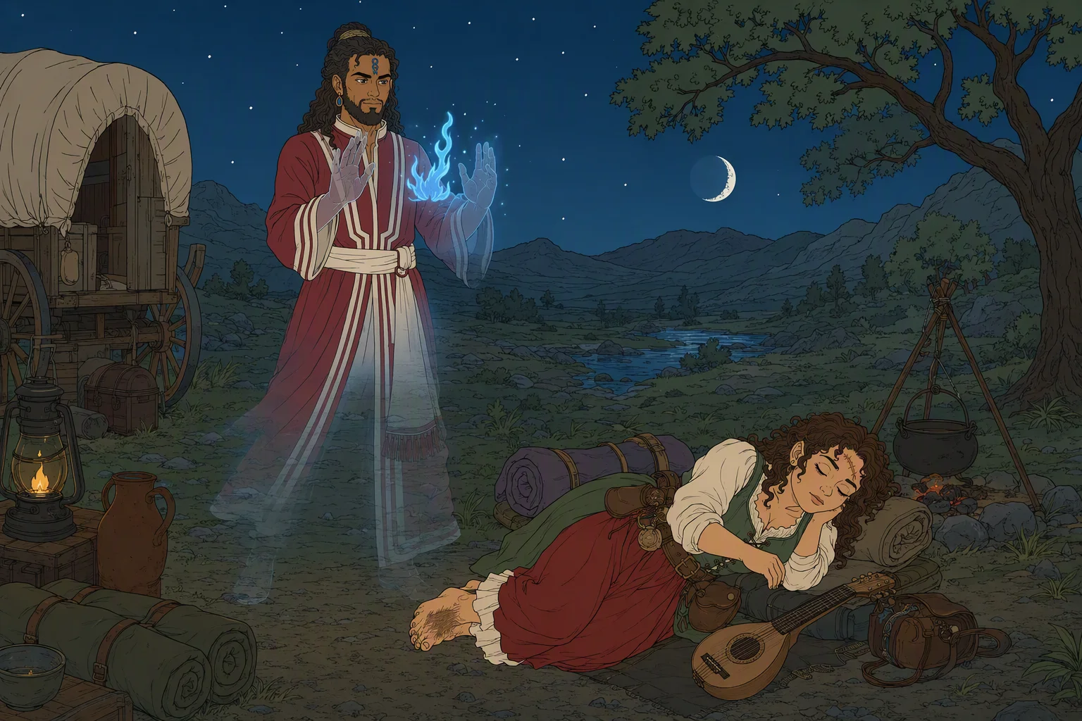 At the wagon camp on a cold, calm night beneath a waning moon, Akabar stands with both hands raised as blue magical fire consumes the spell component between them; his hands have become transparent and the rest of him is vanishing into the moonlit landscape. Olive Ruskettle sleeps nearby, unaware of the spell. The arresting feature is the instant Akabar turns invisible before following Alias toward Yulash.