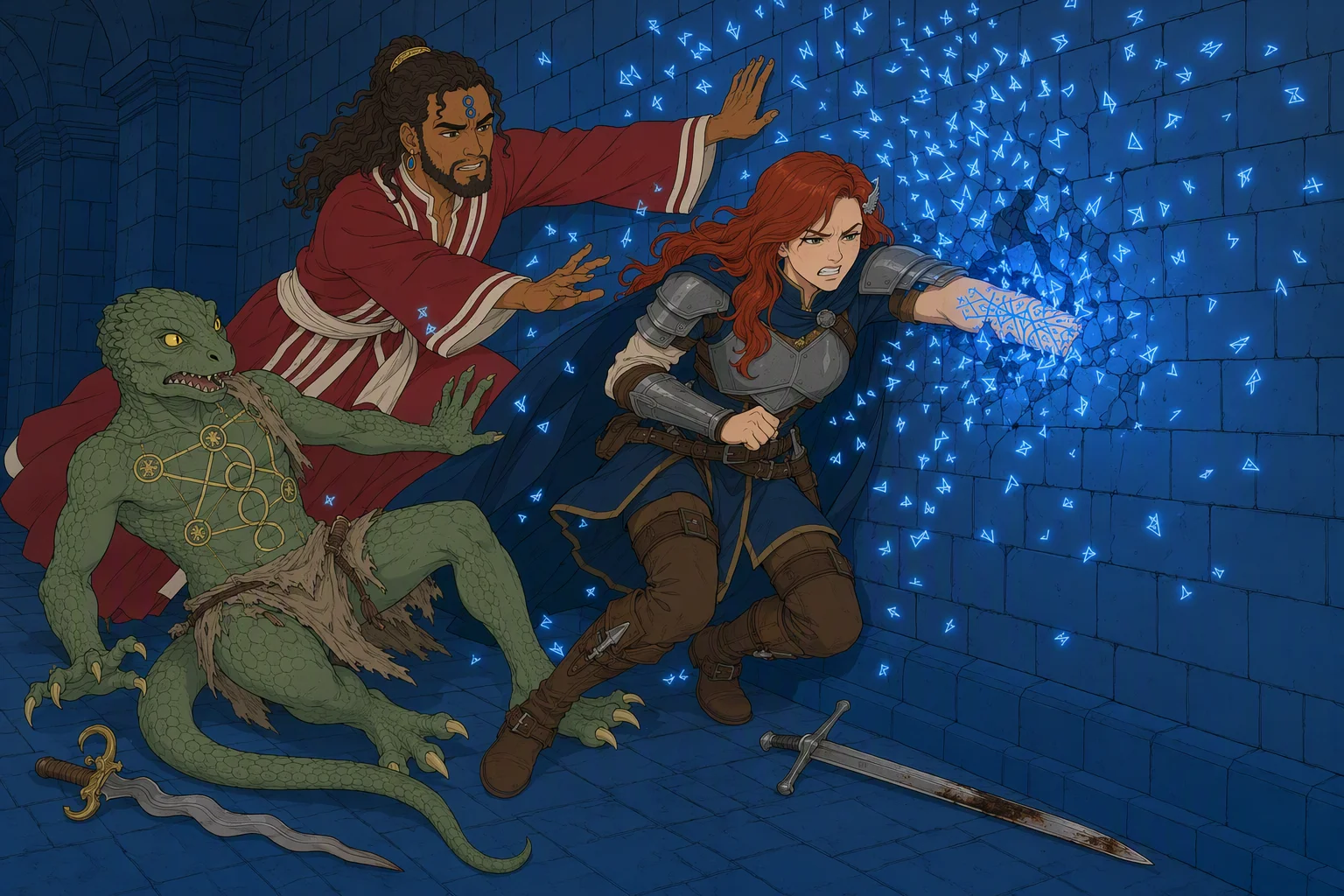 In the underground passage at night, with no weather reaching belowground, Alias, Akabar, and Dragonbait tumble against the blue-brick barrier during their struggle. Akabar and Dragonbait strike the solid wall, but Alias’s hand and wrist plunge through it and become trapped; blue light floods the corridor as miniature glowing copies of the brands on her arm swarm around it like furious insects.