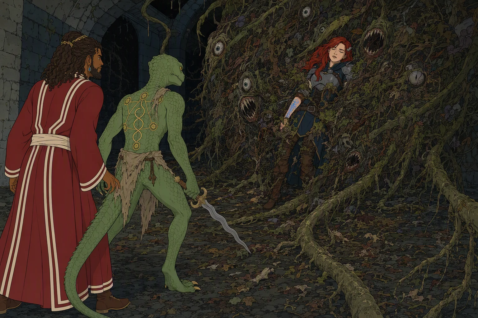 At night in the newly opened subterranean corridor, beyond reach of the fog outside, Akabar and Dragonbait confront a moving wall made of rotting vegetation, refuse, wet earth, and slime. Alias hangs unconscious at its center, pinned by moss and roots while the brands beneath the growth on her arm pulse blue; mismatched eyes and fanged mouths open around her as thick tendrils shoot forward and drag the entire mass toward the onlookers.