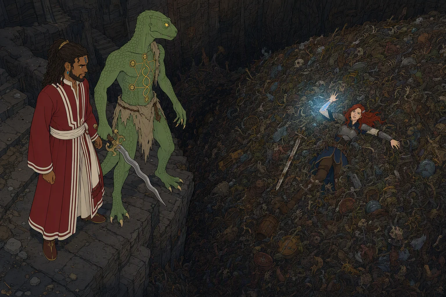 At night inside the vast midden pit beneath ruined Yulash, Akabar and Dragonbait stand on the narrow staircase staring downward as Moander’s immense mass of rising refuse climbs toward them. Alias is pinned helplessly to its surface, the blue light from her arm cutting through the darkness and revealing the approaching horror. No weather is evident beneath the dark sky; the unforgettable element is the glowing captive being carried upward by what appears to be the pit itself.