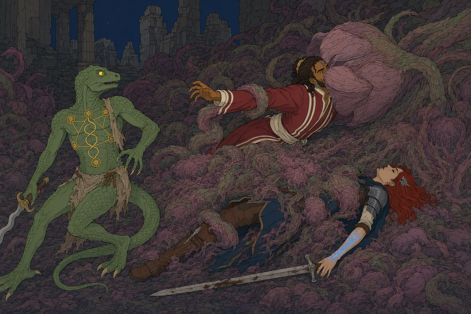 At night among the ruins beside the midden, Akabar sprawls across Alias’s partially buried body as a tendril from Moander coils around his arm and a huge hand-shaped blossom closes over his face, dragging him into the pulsing mass. Dragonbait has just been kicked clear and watches in horror from below while fresh growth covers Alias again. No weather is evident; the image is dominated by the instant Akabar sacrifices his chance of escape and is swallowed alive.