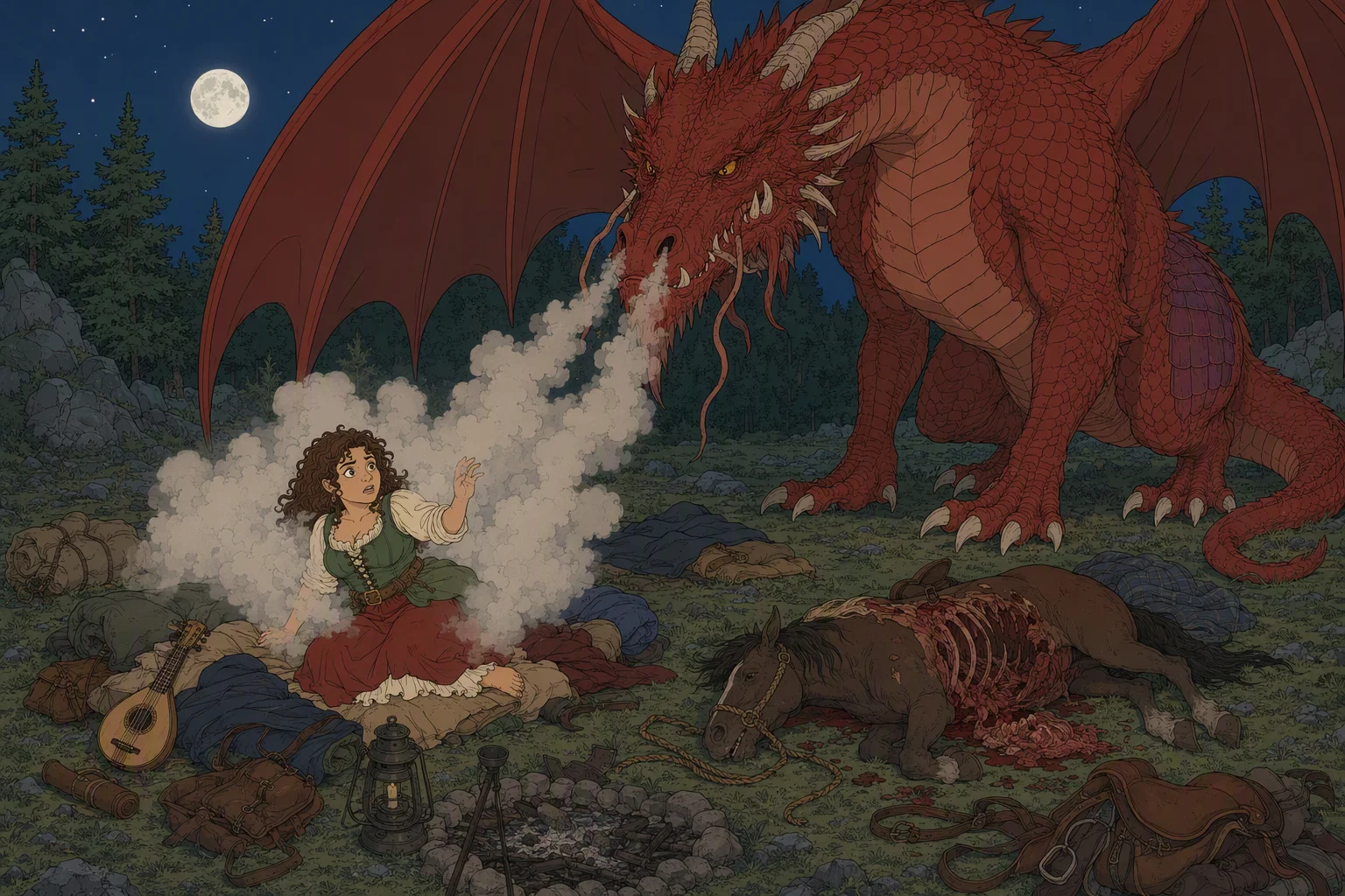At the adventurers’ campsite on a moonlit night, Olive Ruskettle sits amid her bedding while Mist looms over her and pours a cloud of hot steam from her nostrils, engulfing Olive. Nearby lies Lady Killer, the tether pulled free and the horse partly eaten, while the other bedrolls stand empty. The weather is not described; the striking centerpiece is Olive waking alone beneath Mist’s threatening presence with unmistakable evidence of the dragon’s appetite beside them.
