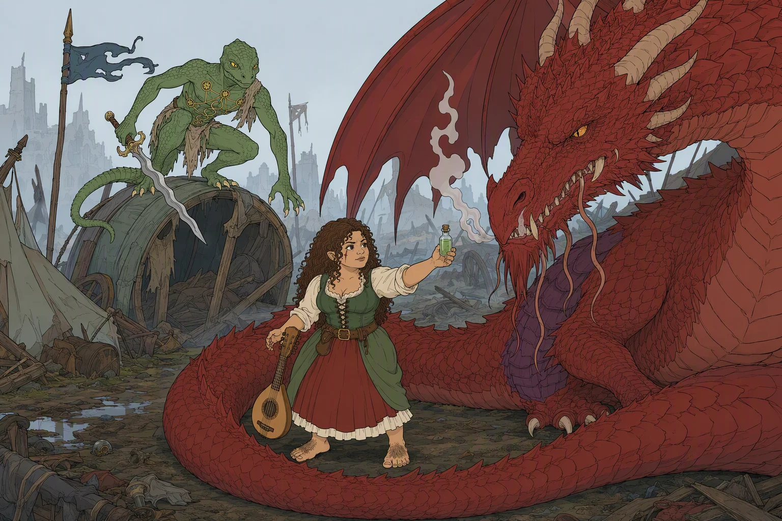 At a foggy battlefield campsite just before sunrise, Olive Ruskettle stands inside the coil of Mist’s tail and holds up an open poison vial as a shield while Mist watches it intently. Behind them, Dragonbait crouches atop an overturned wagon with sword drawn, poised to spring; the tiny vial holding all three in a tense standoff is the image’s focal point.