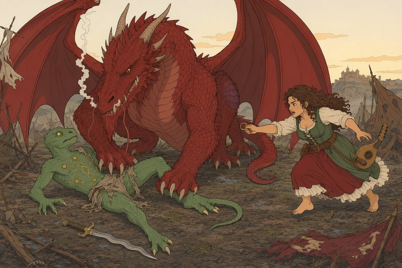 At the misty campsite in the strengthening sunrise, Mist pins Dragonbait’s leg beneath one paw and lowers her head toward him while his sword lies just beyond his reach. Olive Ruskettle runs toward them, slipping on her magic-detecting ring and pointing it at the sigils on Dragonbait’s chest; her desperate charge toward the trapped fighter provides the turning-point tension.