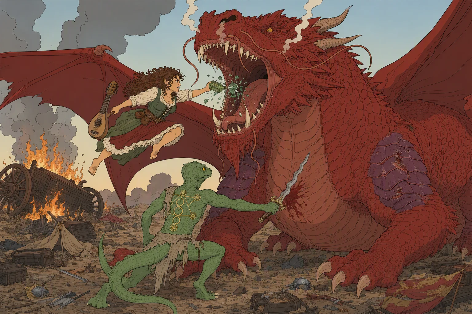In the dusty sunrise beside a burning overturned wagon, Olive Ruskettle darts across Mist’s open jaws and throws an uncorked poison bottle into her mouth at point-blank range. The bottle shatters as the jaws snap shut, while Dragonbait drives his sword into Mist’s belly from below; the coordinated two-sided attack is the image’s spectacular focus.