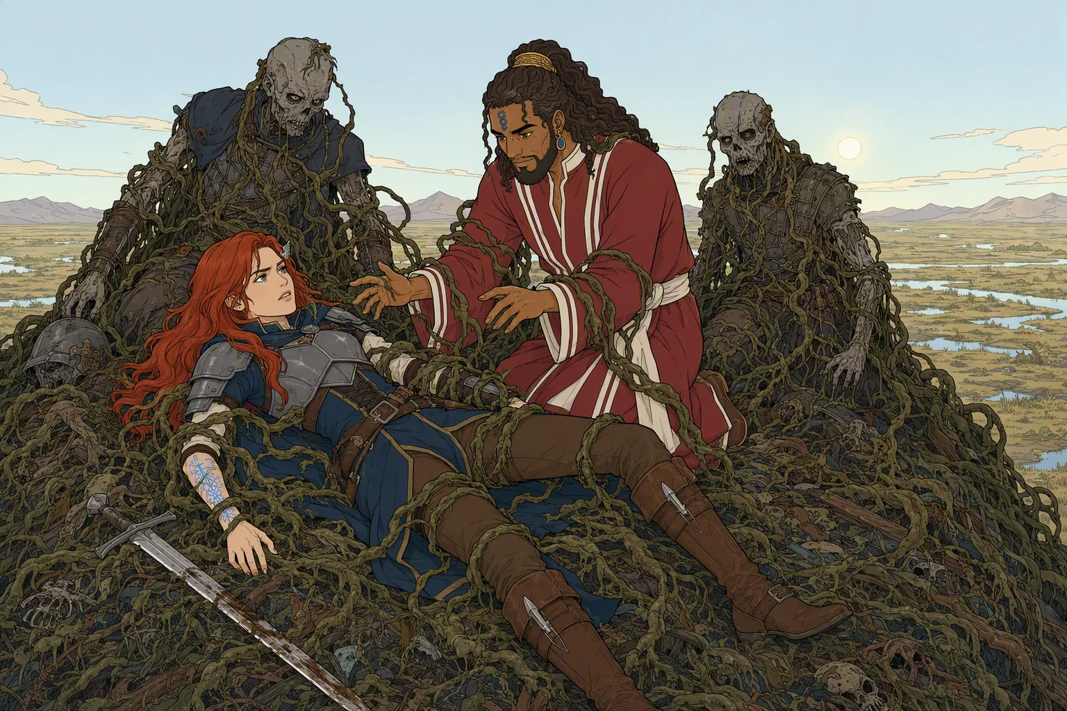 On the leading ledge of a vast moving mound of roots, refuse, and bog vegetation crossing the plains in the damp morning sun, Alias lies pinned by living tendrils while Akabar kneels beside her under the mound’s control. Two unnamed dead soldiers shamble close behind, their bodies worked like puppets by vines; the horrifying spectacle of all three human forms being manipulated by the vegetation makes the image worth looking at.