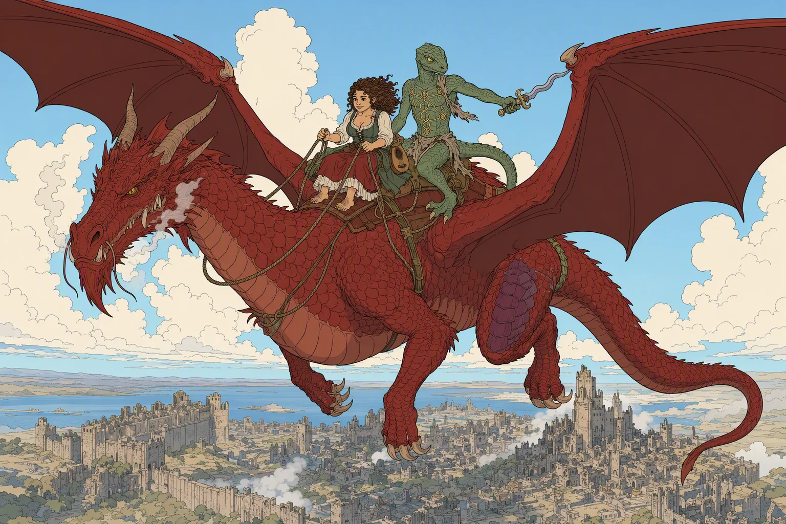 High above ruined Yulash on a clear, windy morning, Mist circles on a rising thermal with Olive Ruskettle gripping the rope saddle near her front and Dragonbait seated farther back, prodding Mist with his sword to direct the flight. The city and its defenses lie far below, while the immense airborne trio banking together over the ruins provides the image’s dramatic scale.